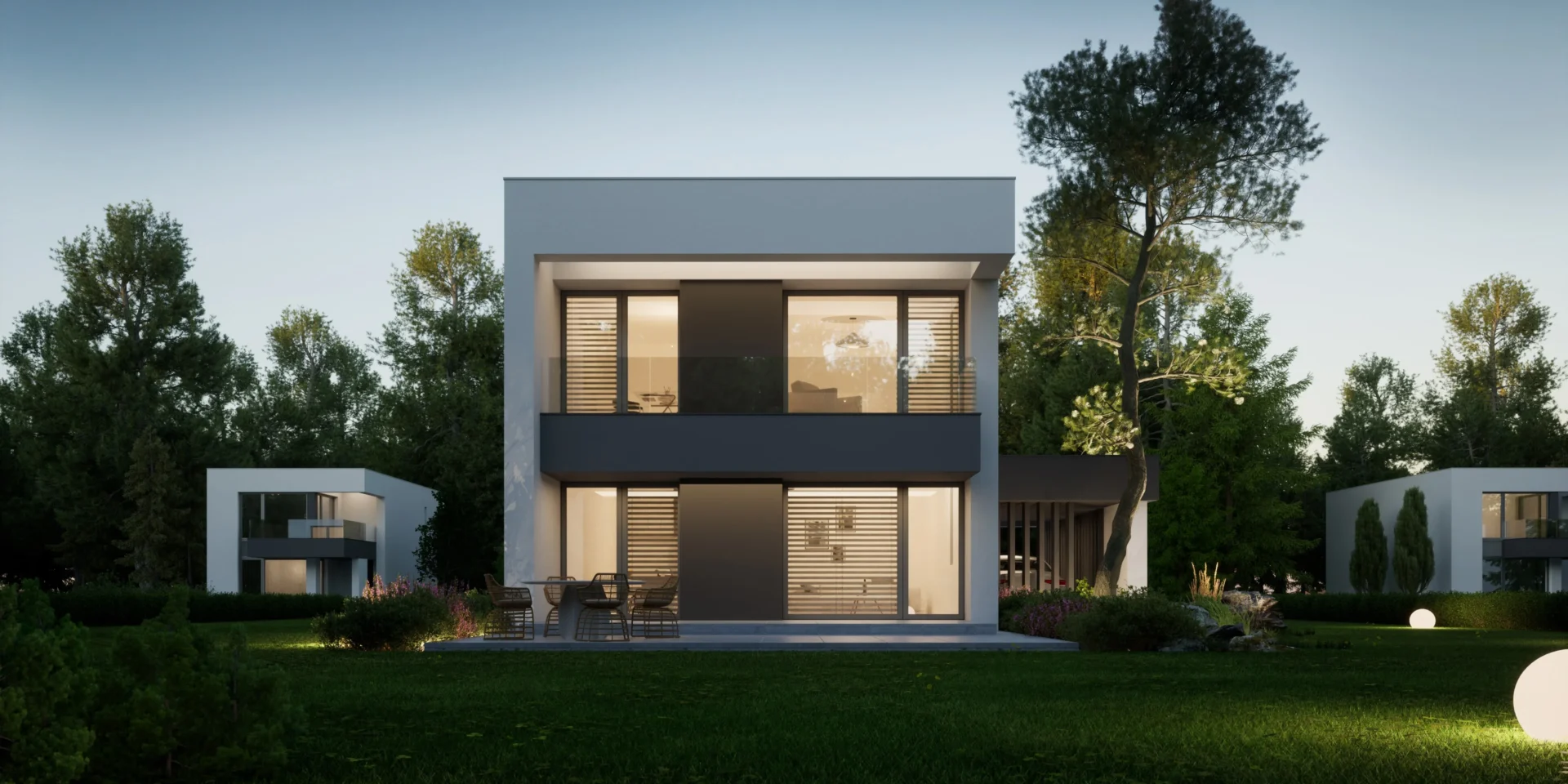 Projekt domu piętrowego z płaskim dachem, dużymi oknami, 3 sypialnie Modern House NewHouse 744 w1