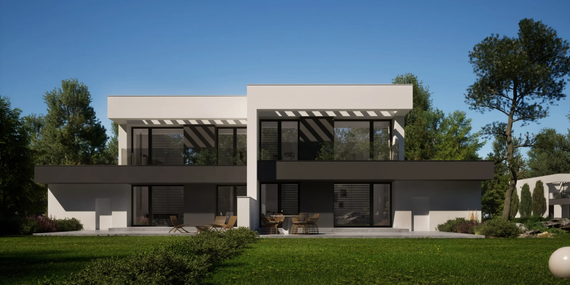 Gotowy projekt domu jednorodzinnego dwulokalowego z garażami, płaski dach, 3 sypialnie Modern House NewHouse 744 D G1