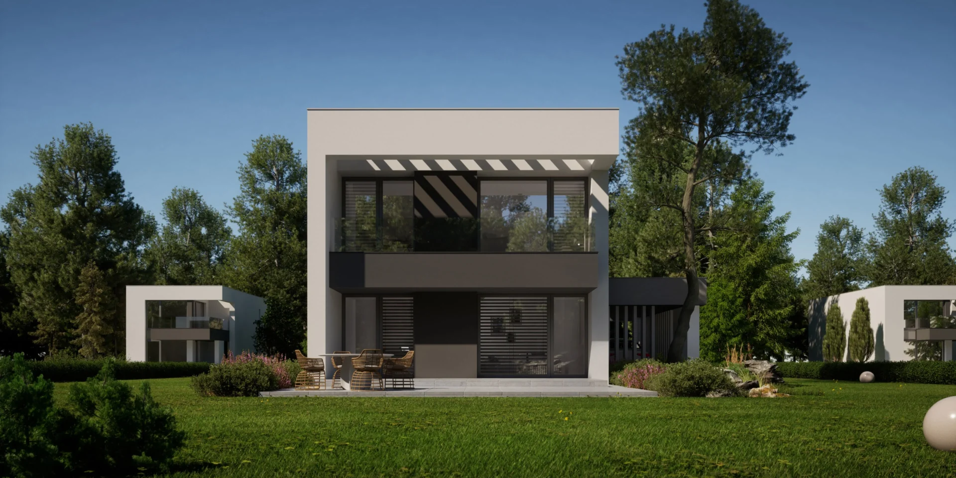 Piętrowy projekt domu z wiatą na auto, płaskim dachem, otwartą strefą dzienną i dużymi oknami Modern House NewHouse 744 w1