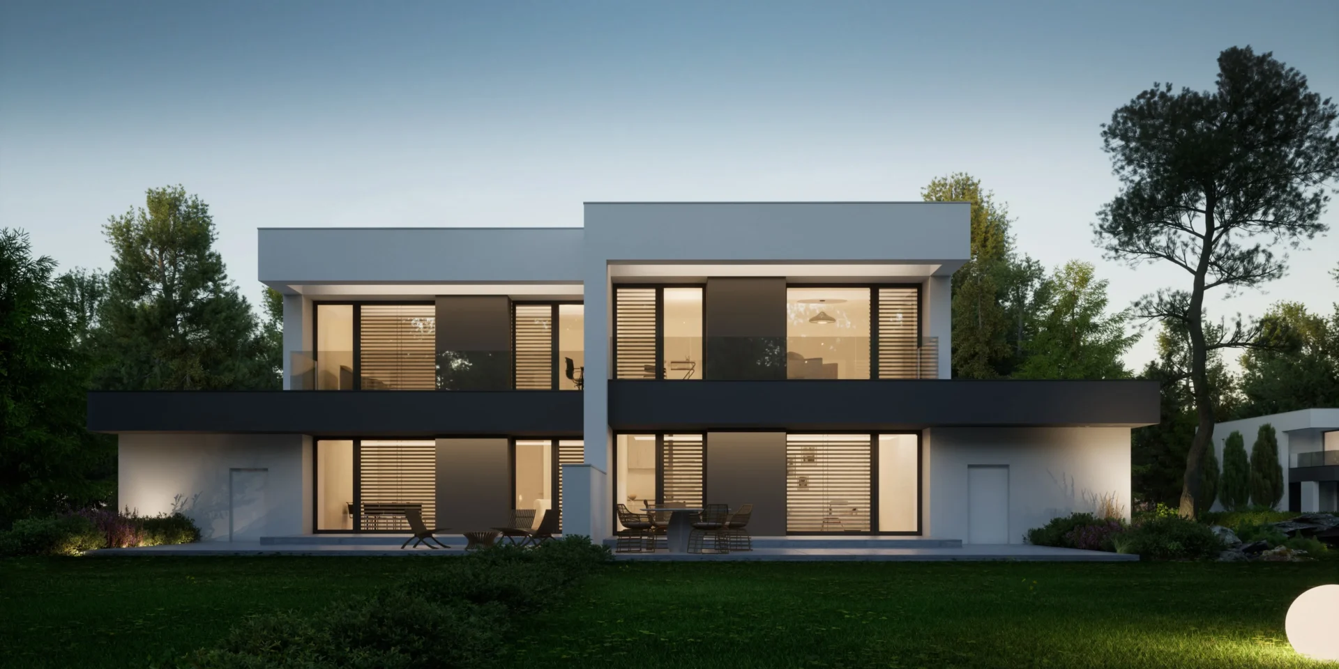 Projekt domu dla dwóch rodzin, piętrowy, z dużymi przeszkleniami Modern House NewHouse 744 D G1