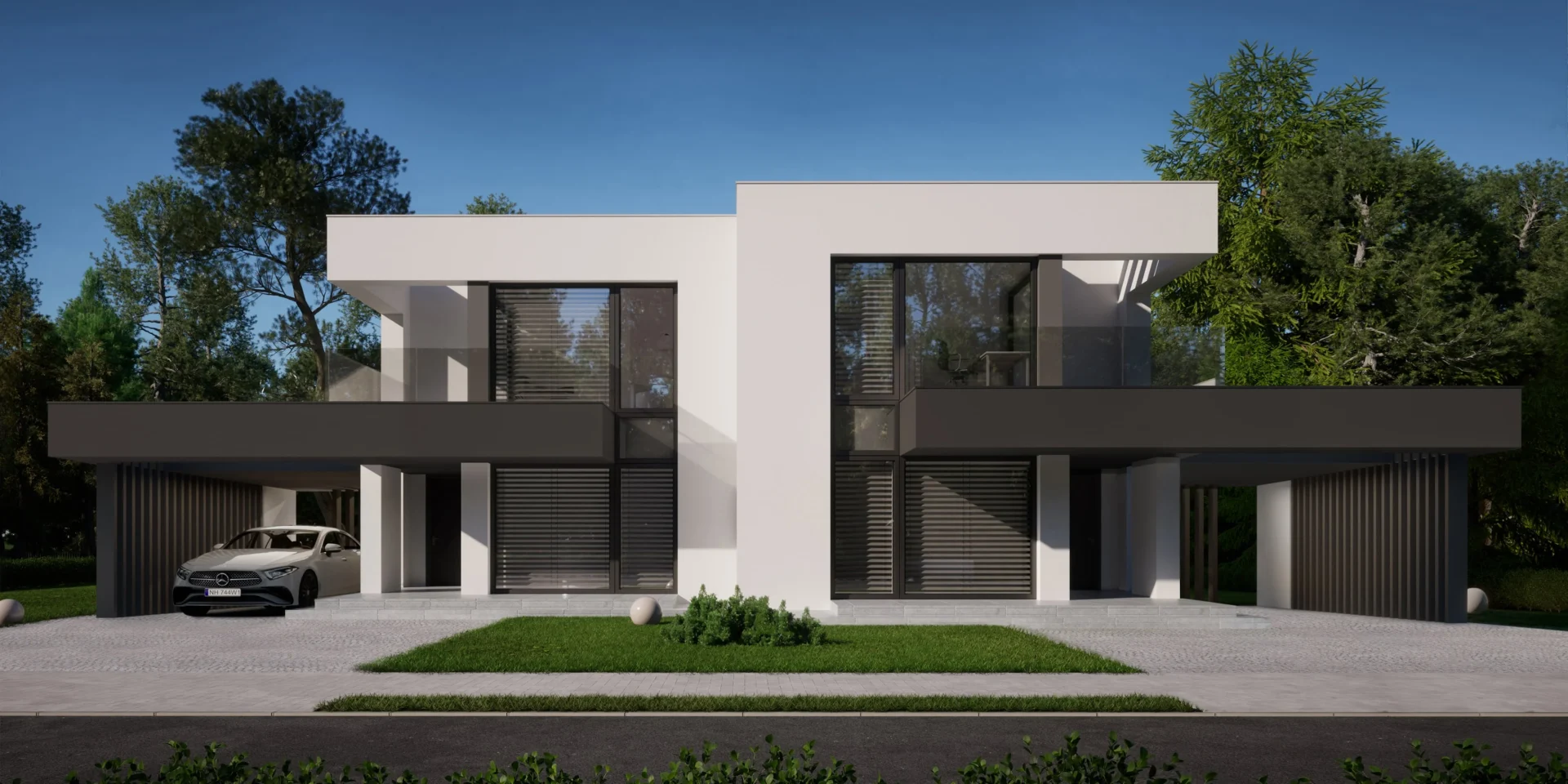 Gotowy projekt domu dla dewelopera, dwulokalowy, 120 metrów powierzchni, wiata garażowa Modern House NewHouse 744 D w1