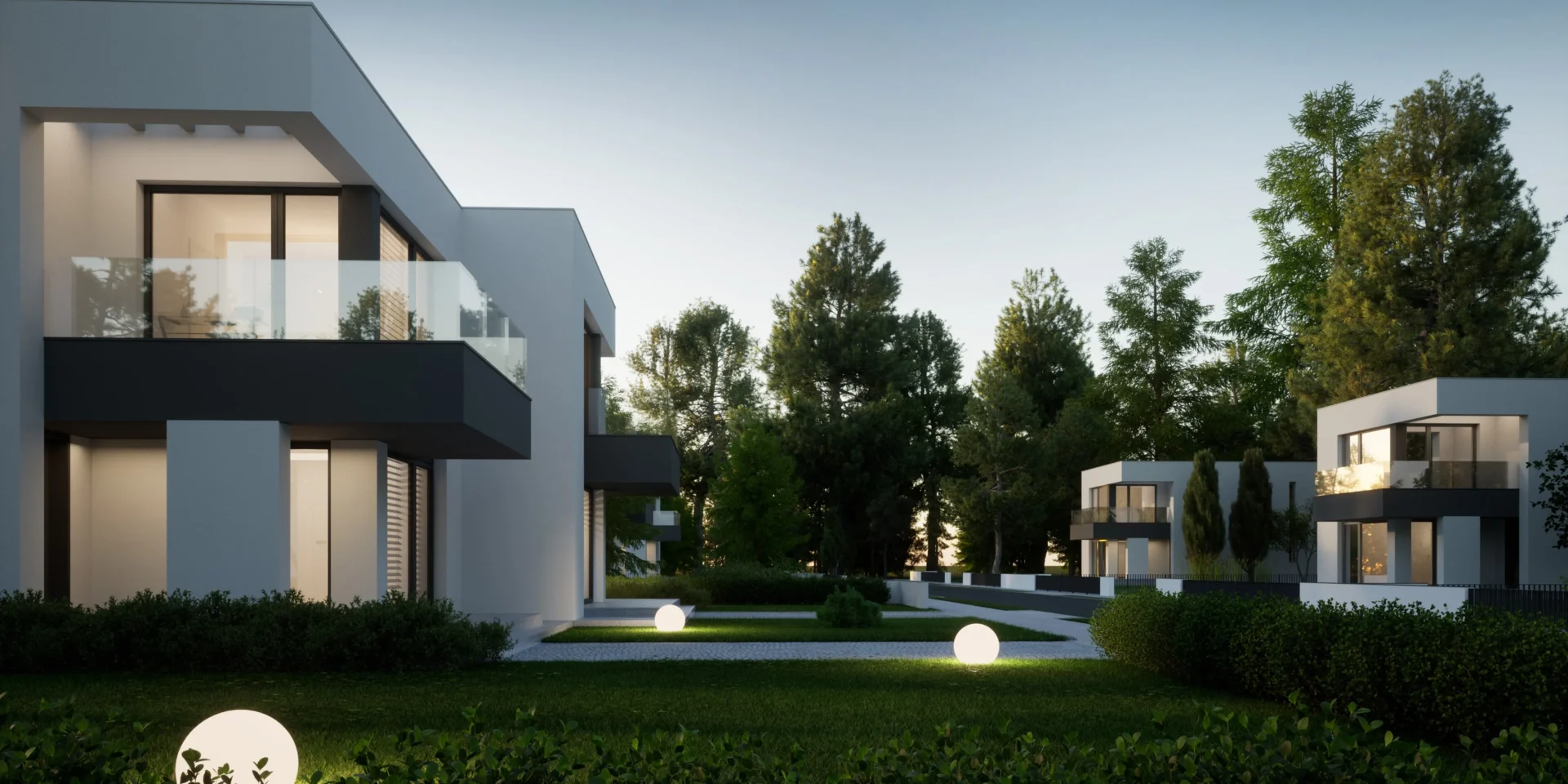 Nowoczesne osiedle deweloperskie, domy z płaskim dachem NewHouse 744 D Modern House