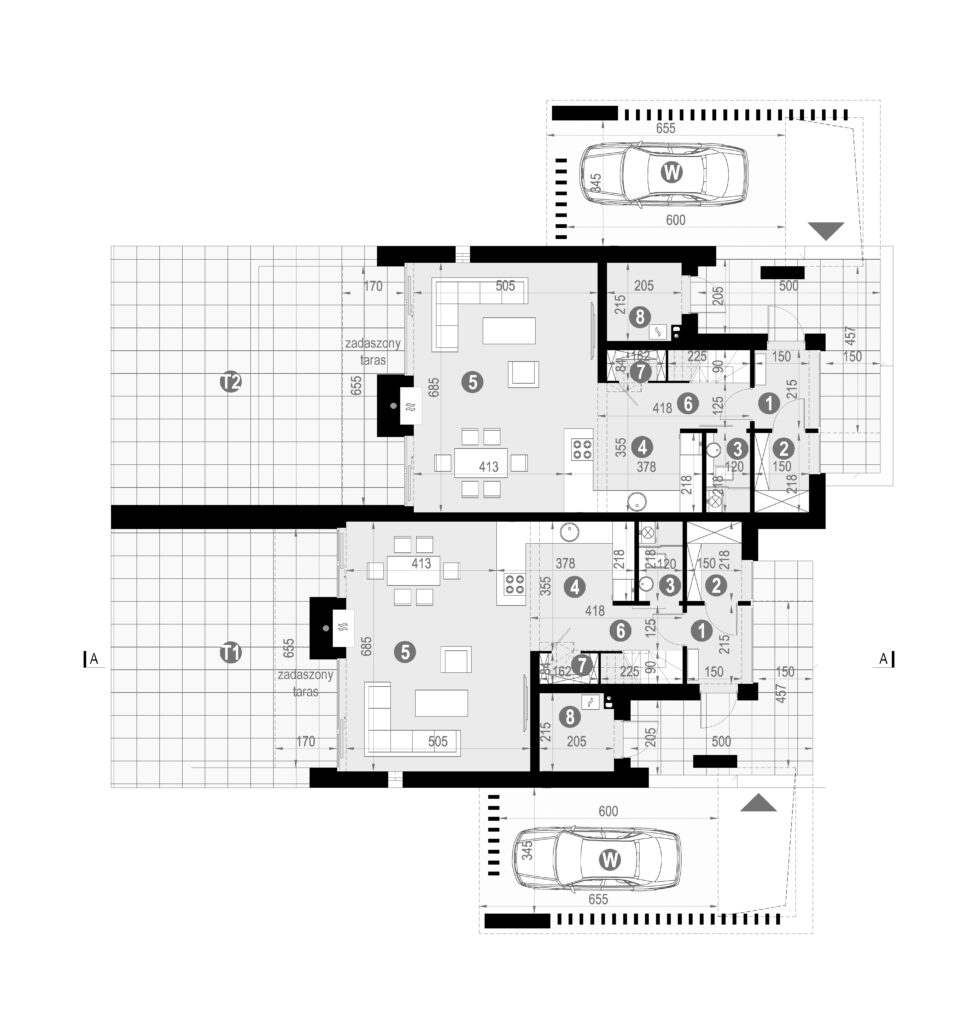 układ-parteru-domu-dla-dwóch-rodzin-z-wiatą-garażową-modern-house-new-house-744-D-w1