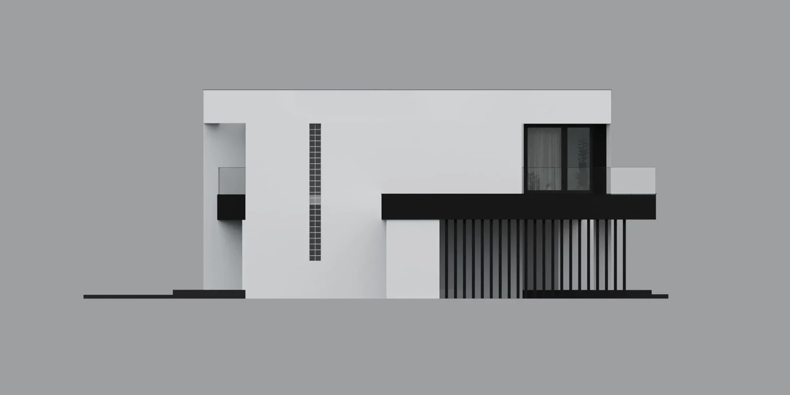 Projekt piętrowego domu z płaskim dachem elewacja boczna NewHouse 744 w1