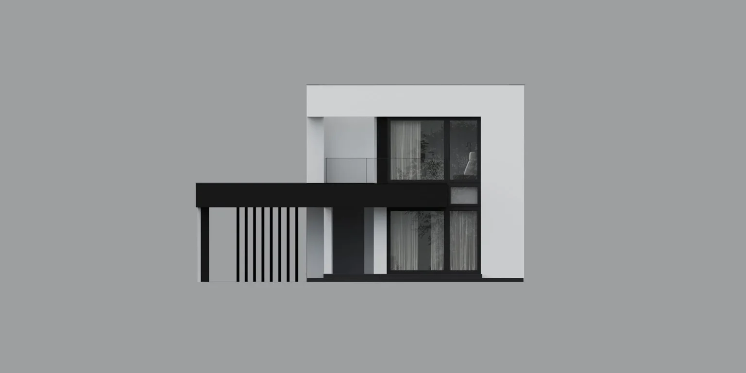 Projekt piętrowego domu z płaskim dachem elewacja frontowa NewHouse 744 w1