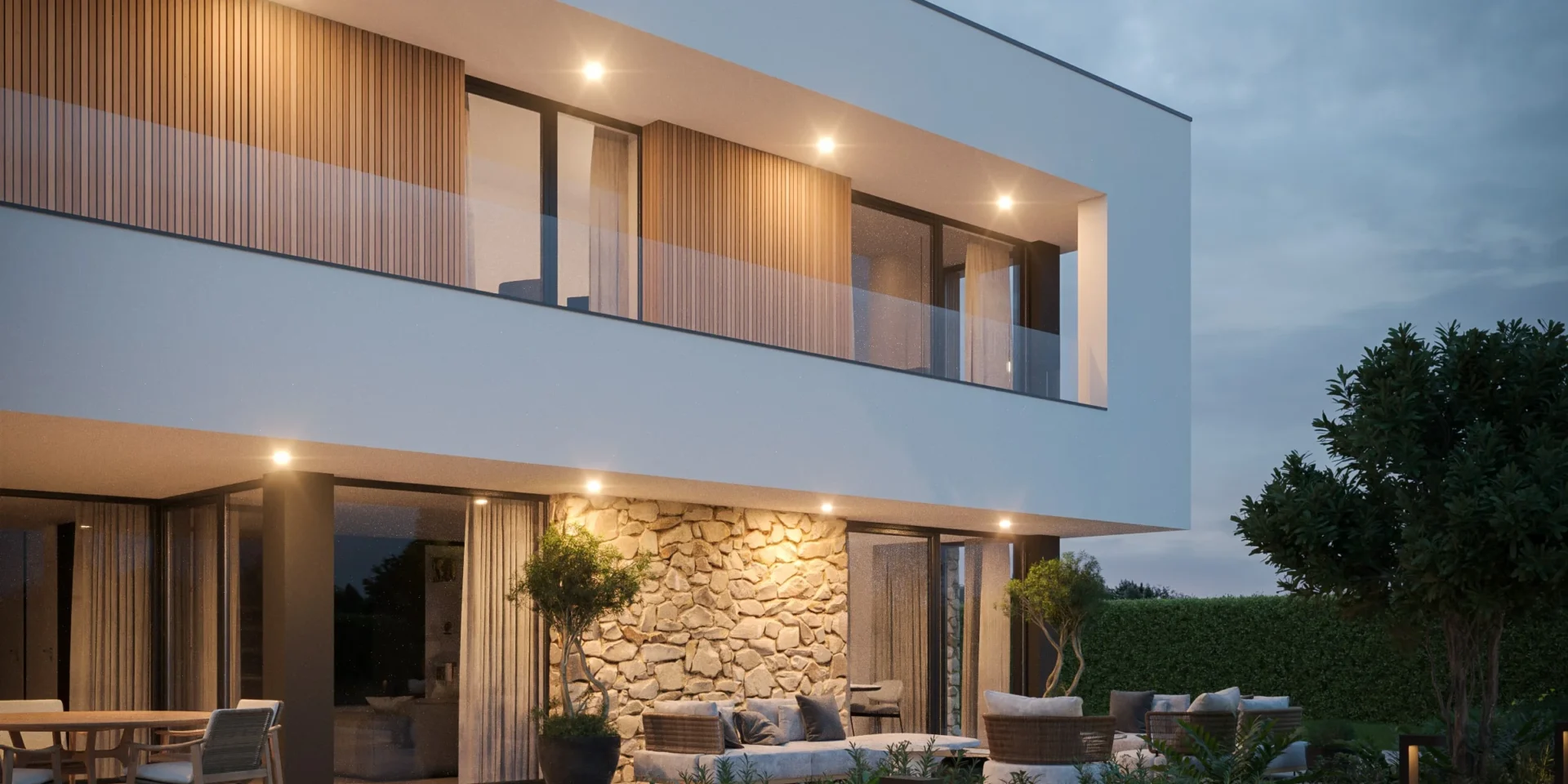 Katalogowy projekt domu Modern House New House 726 w1, oświetlenie elewacji