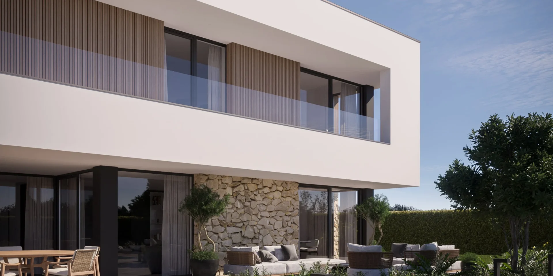 Gotowy projekt domu piętrowego z elewacją w okładzinie kamiennej, drewnie i białym tynku - projekt domu New House 726 wariant 1