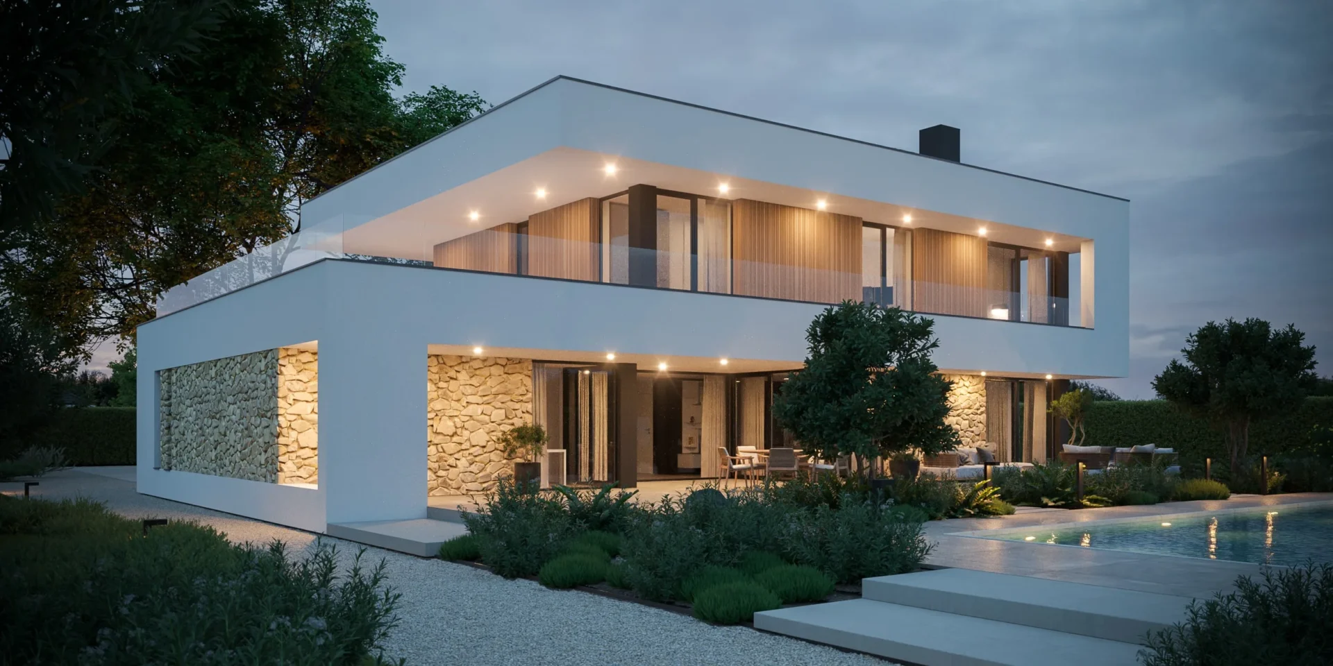 Katalogowy projekt domu piętrowego z jasną elewacją i belką wokół domu - NewHouse 726 wariant 1 od Modern House.