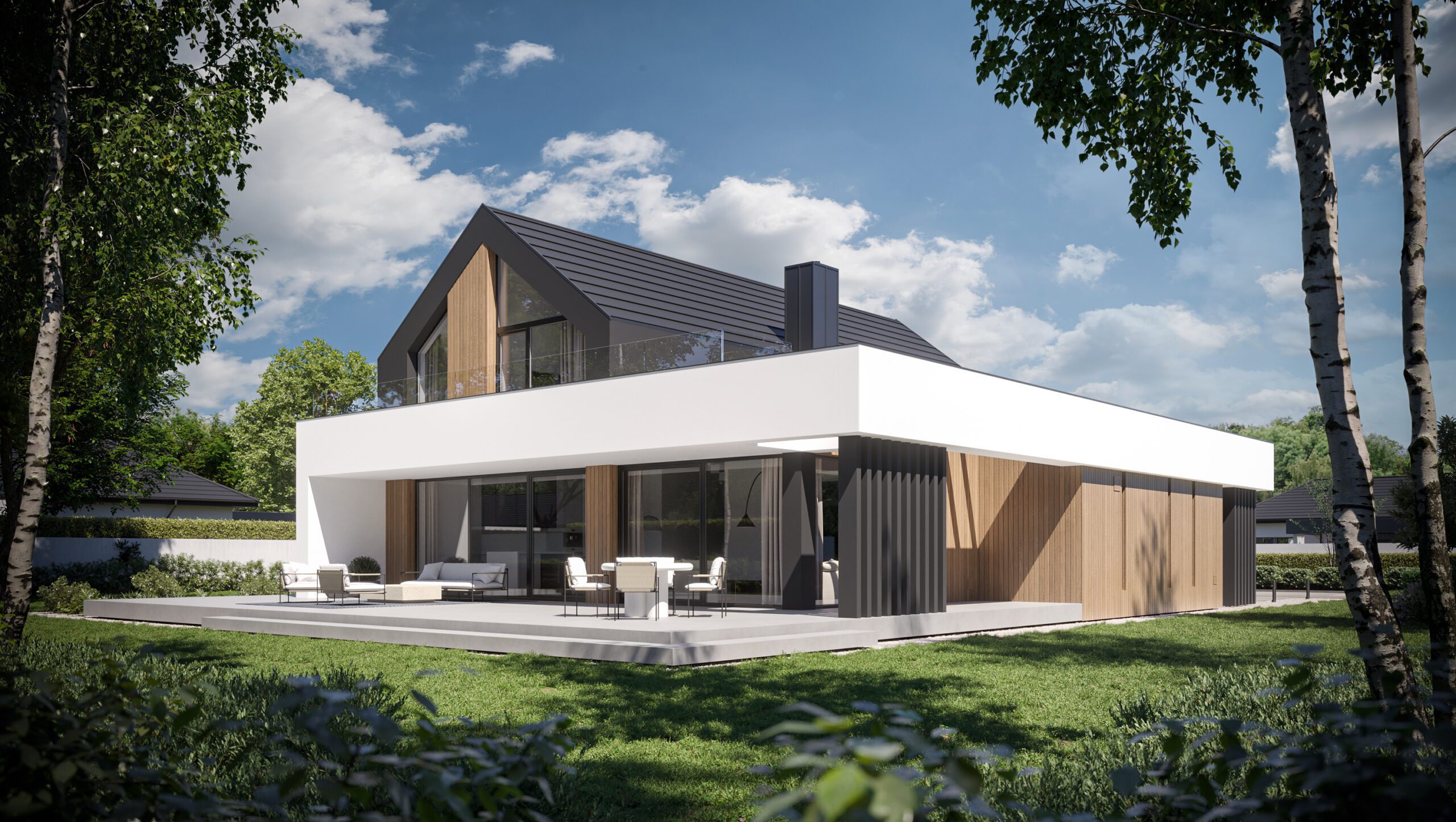 Gotowy projekt domu New House 790 w1 - jednorodzinny, z poddaszem, w stylu nowoczesnej stodoły, z garażem dwustanowiskowym.