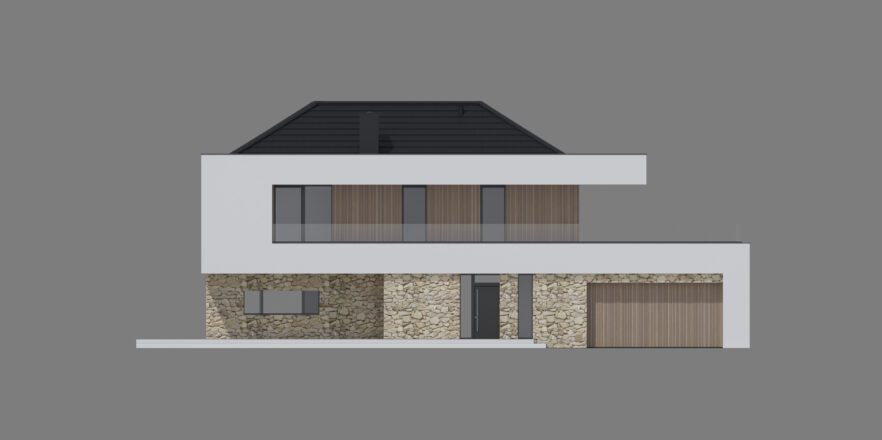 Gotowy projekt domu New House 726 w1, piętrowy, z dachem kopertowym, elewacja frontowa.