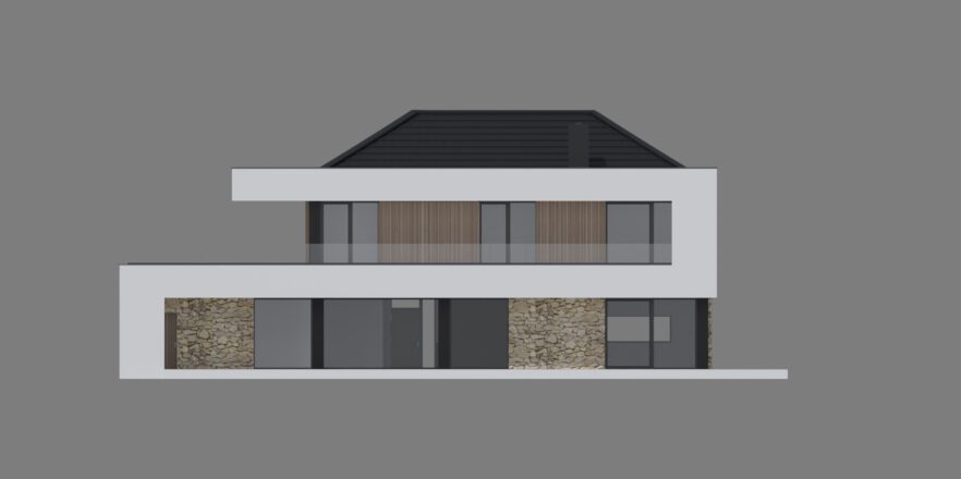 Katalogowy projekt domu New House 726 w1, piętrowy, z dachem kopertowym, elewacja ogrodowa.