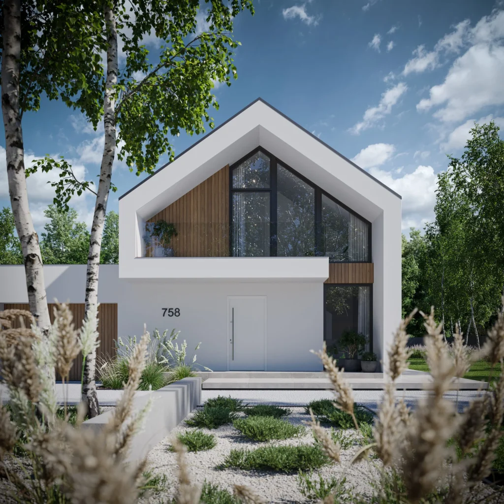 Dom w stylu stodoła z trapezowymi oknami od frontu projekt katalogowy Modern House 758 G1