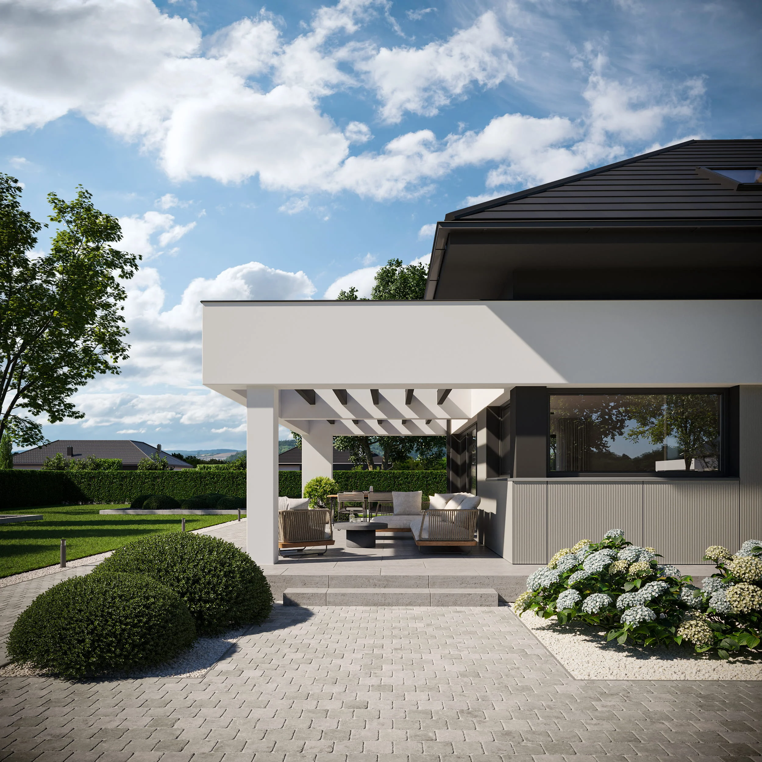 Taras przy nowoczesnym domu - projekt domu jednorodzinnego New House 703 Modern House