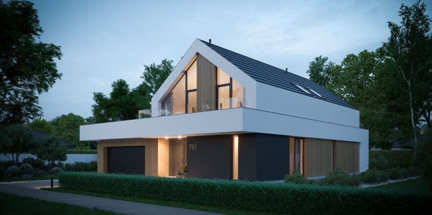 Gotowy projekt domu z dachem bez okapu, w białej elewacji z elementami drewna i grafitowego tynku.