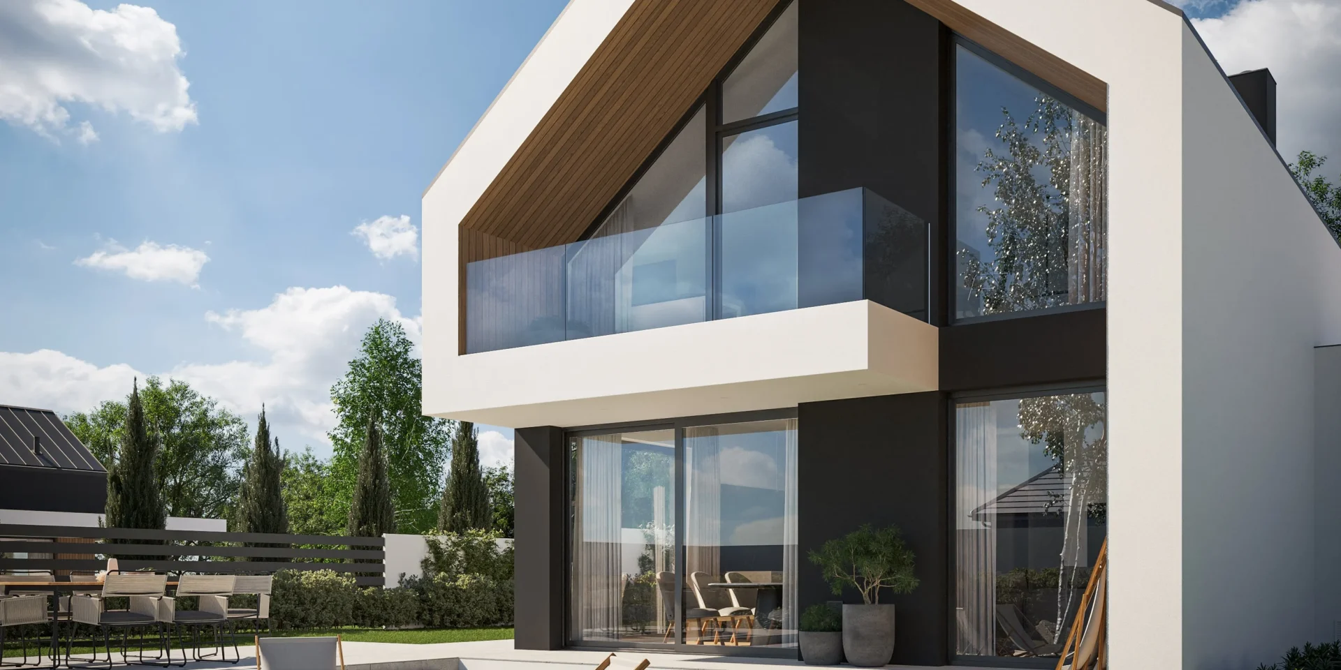 Projekt domu w stylu stodoła z biało grafitową elewacją z elementami drewna NewHouse 754 G1 Modern House