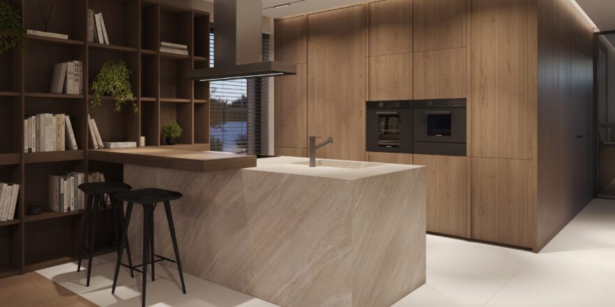 Katalogowy projekt domu o powierzchni 150 m2, wyspa kuchenna z kamiennym blatem, projekt NewHouse 759