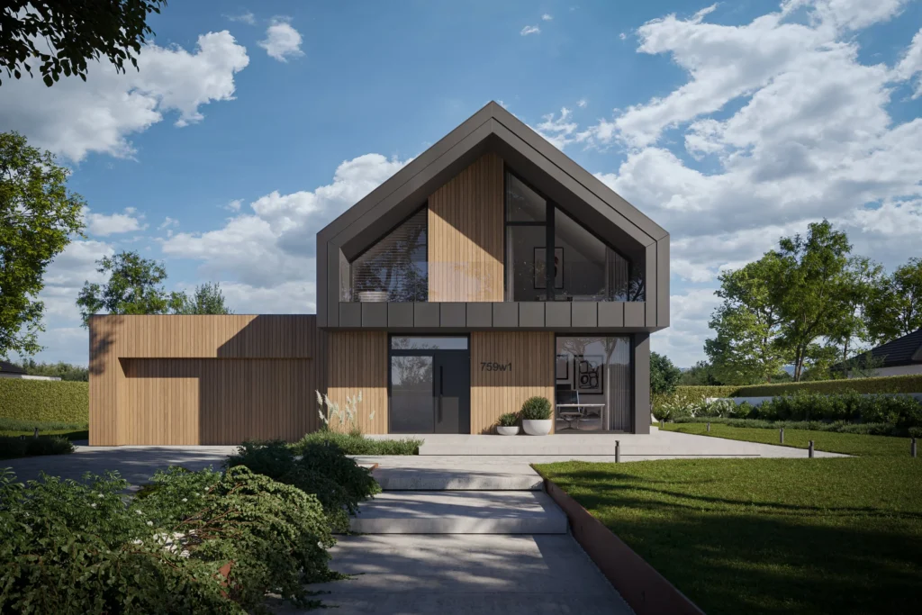 Dom z hybrydowym dachem: płaskim nad garażem i dwuspadowym nad częścią mieszkalną projekt katalogowy Modern House New House 759 w1