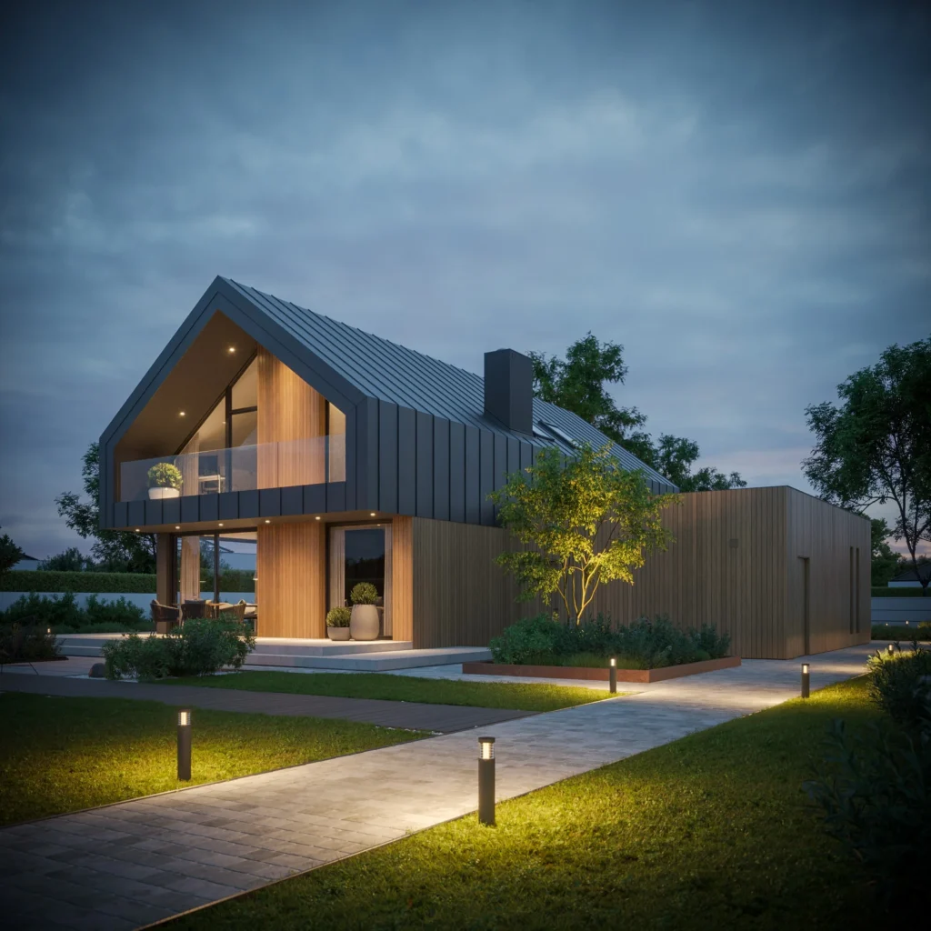 Dom w stylu nowoczesnej stodoły, ściany poddasza wykończone grafitową blachą na rąbek projekt Modern House NewHouse 759 w1