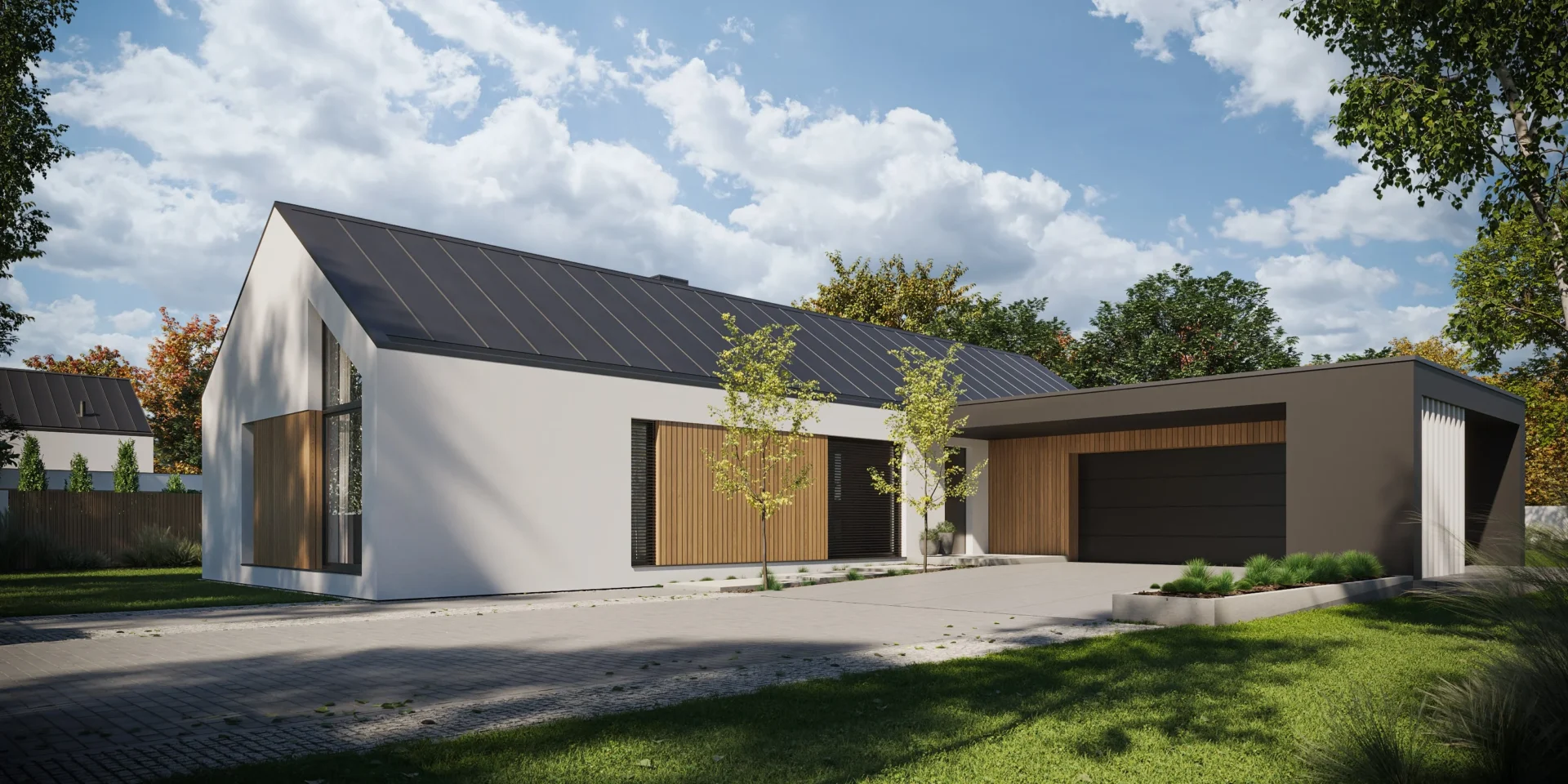 Gotowy projekt domu w stylu nowoczesna stodoła z garażem na dwa auta Modern House NewHouse 719 w1 G2