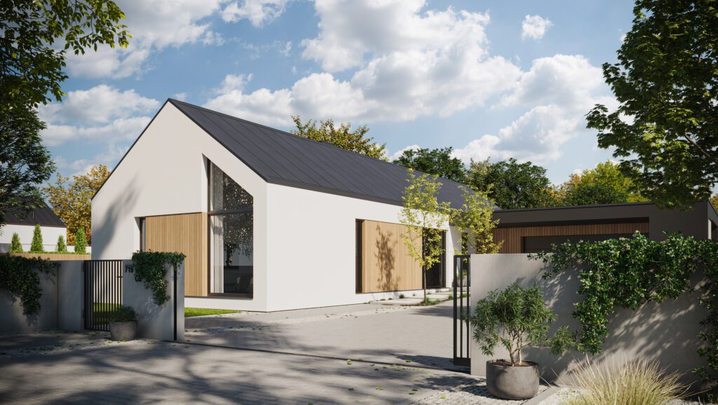 Katalogowy projekt domu parterowego w stylu nowoczesnej stodoły o powierzchni 130 m2 Modern House NewHouse 719 w1 G2
