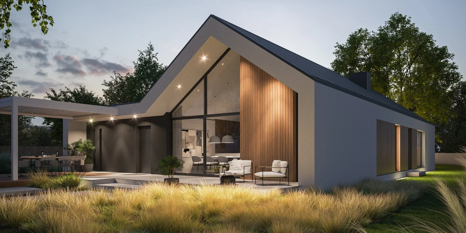 Projekt nowoczesnej stodoły z 3 sypialniami i garażem Modern House NewHouse 719 w1 G2