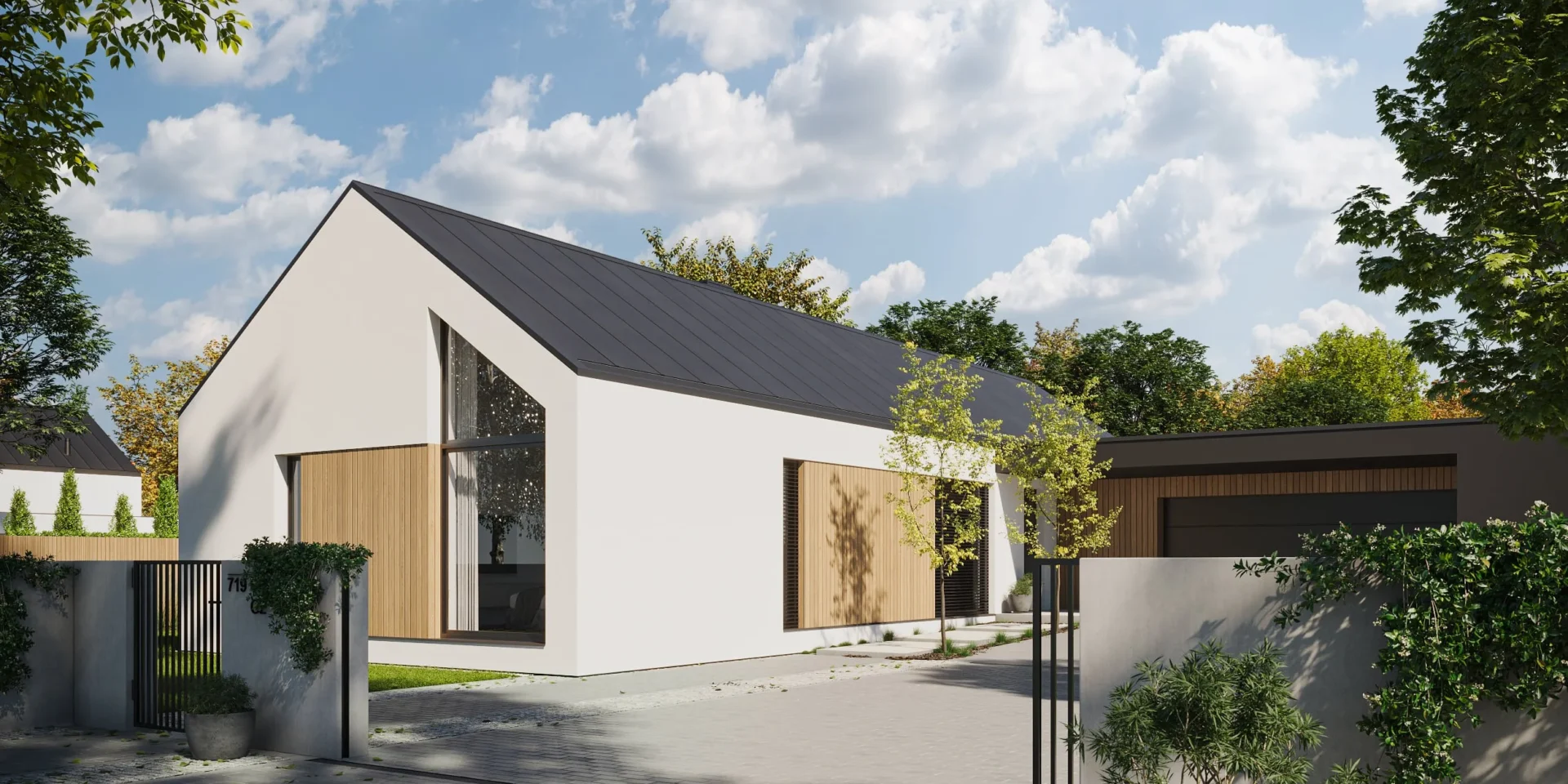 Nowoczesny projekt domu na planie litery L z wysokim sufitem nad salonem Modern House NewHouse 719 w1 G2