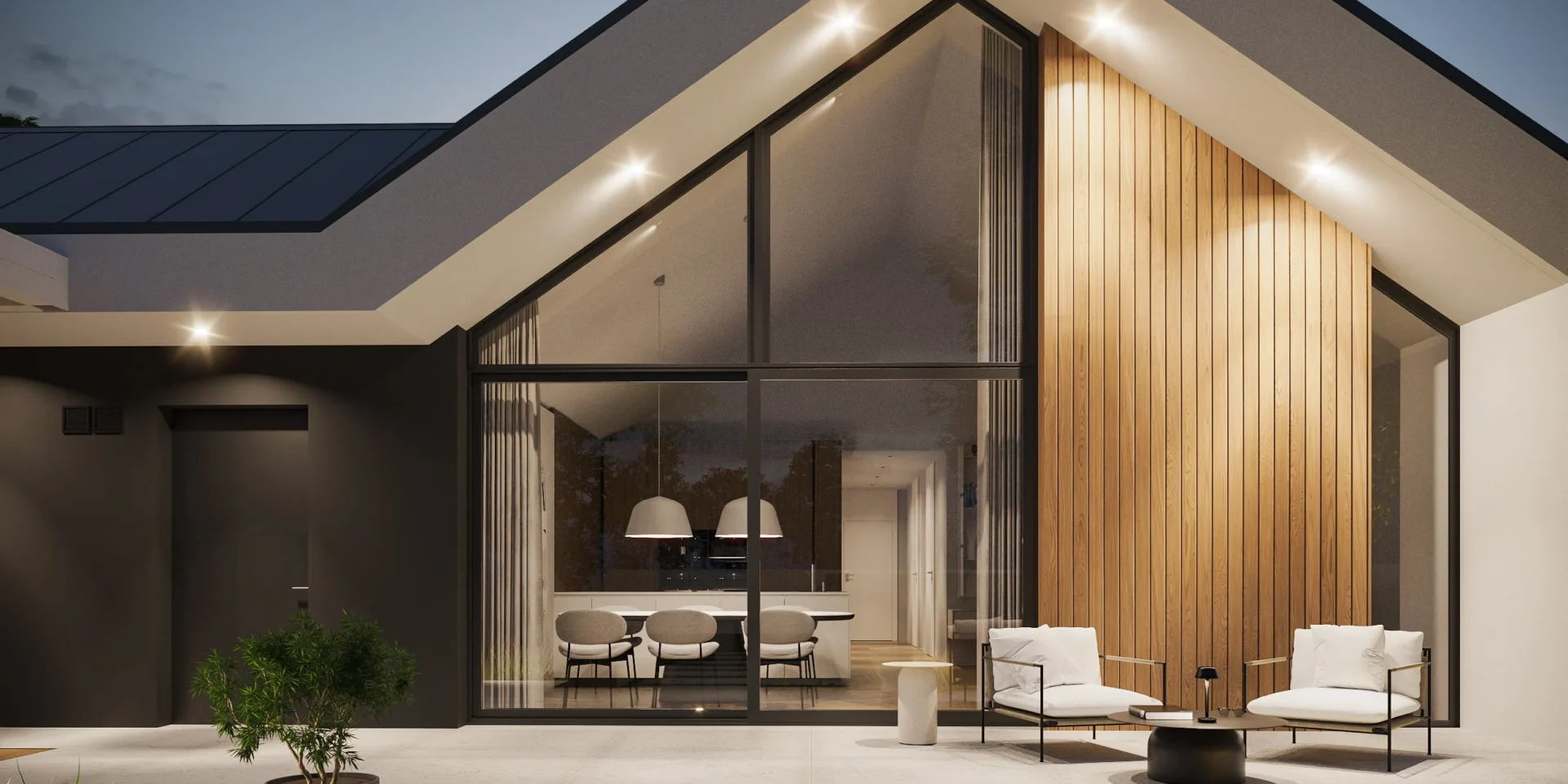 Gotowy projekt domu parterowego z dachem dwuspadowym i wysokim sufitem nad salonem NewHouse 720 w1 G2