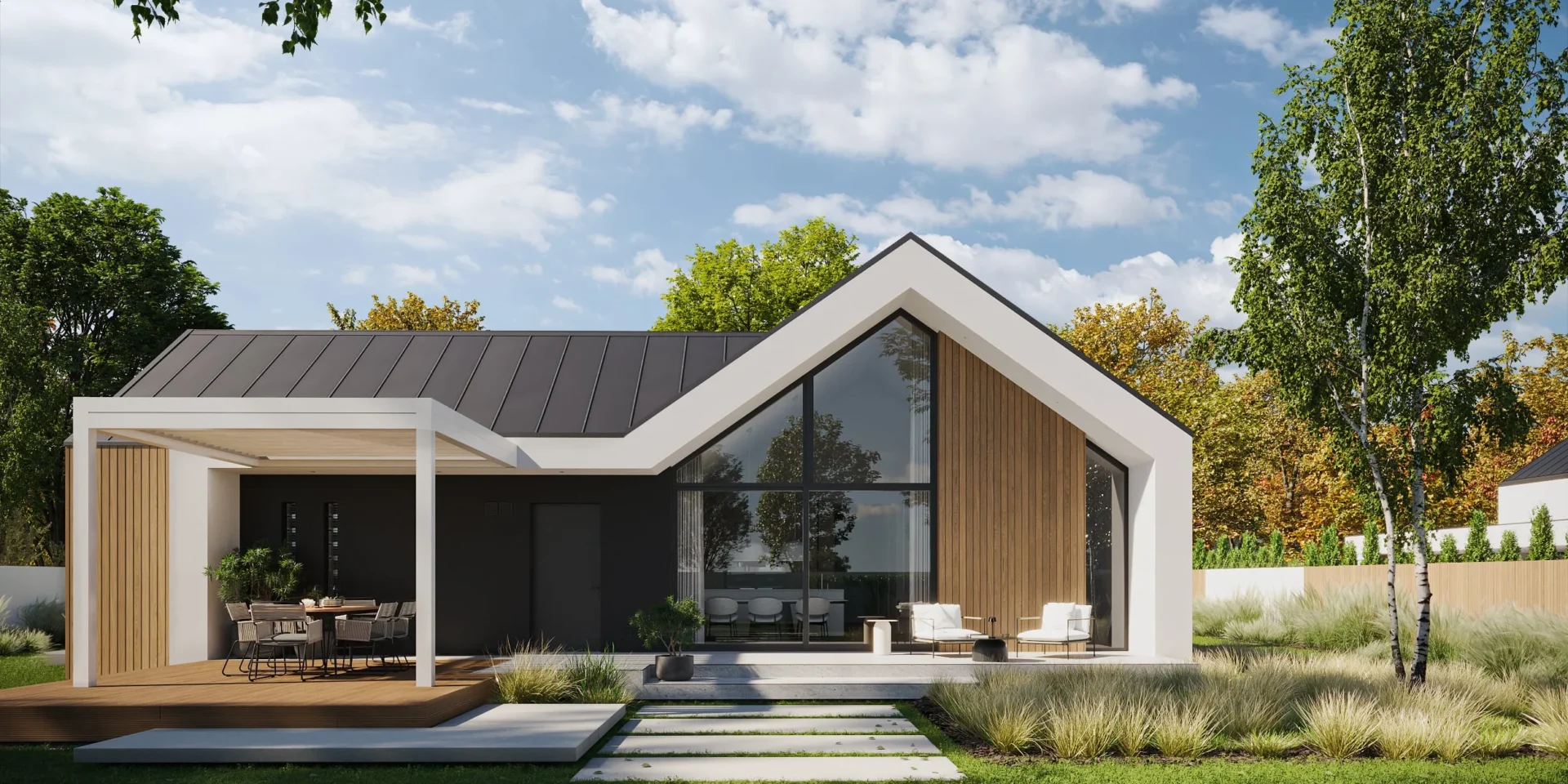 Nowoczesna parterówka z dachem dwuspadowym, trapezowymi oknami i garażem dwustanowiskowym projekt domu Modern House NeHouse 720 w1 G2