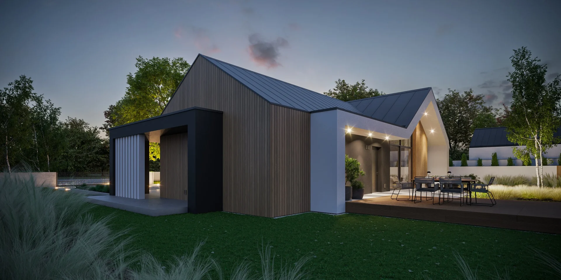 Parterowy projekt domu w kształcie litery L z dachem dwuspadowym - Modern House New House 720 w1 G2