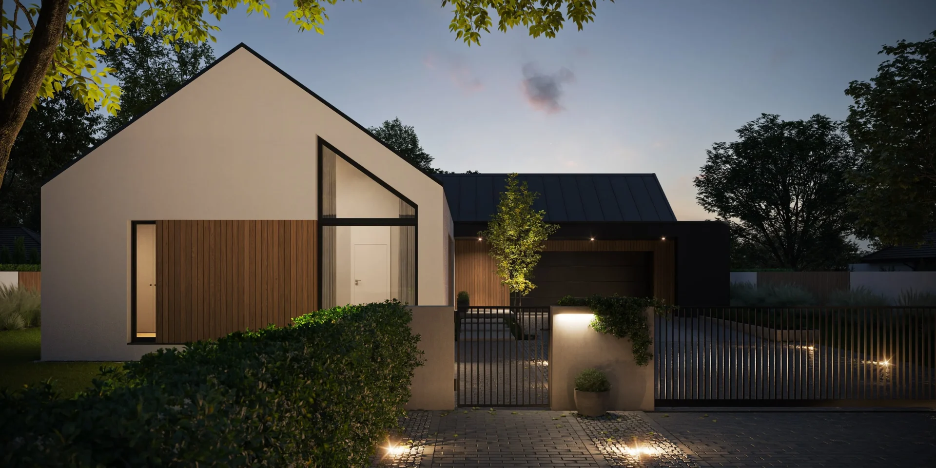 Katalogowy projekt domu parterowego z wysokim sufitem nad salonem i sypialnią, nowoczesna stodoła NewHouse 720 w1 G2