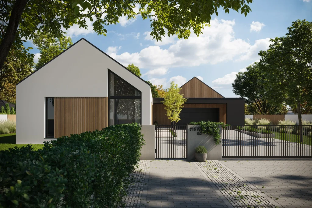 Lamele, belki, ogrodzenie aluminiowe - nowoczesny dom gotowy na detale 5 Nowoczesny projekt domu parterowego, dwie stodoły Modern House NH 719 w2 g2