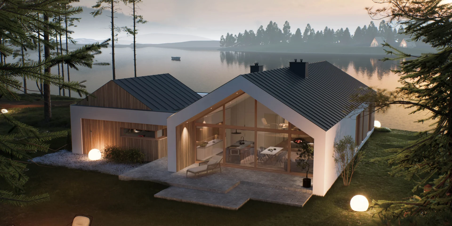 Projekt parterowego domu z przeszkloną ścianą salonu i wysokim sufitem Modern House NewHouse 714 G2 w1