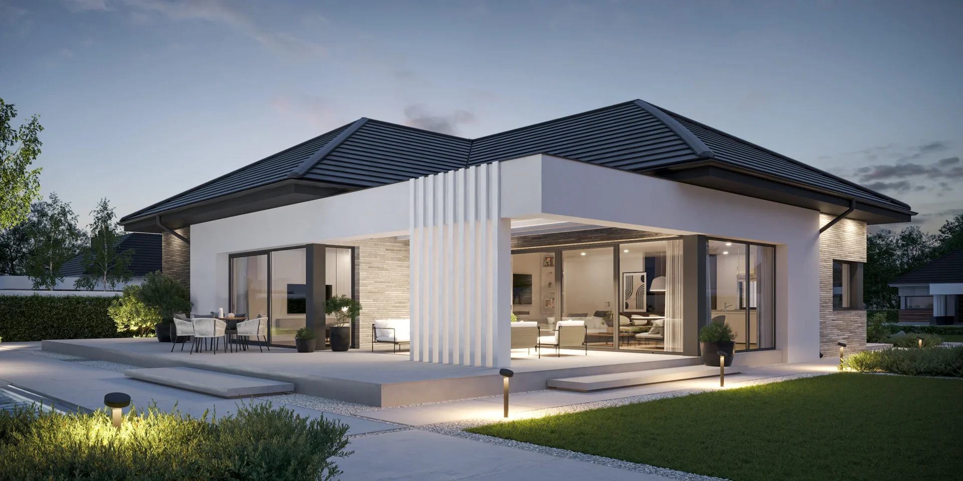 Projekt nowoczesnego projektu parterowego z otwartą strefą dzienną i garażem na dwa auta Modern House Brick House 101