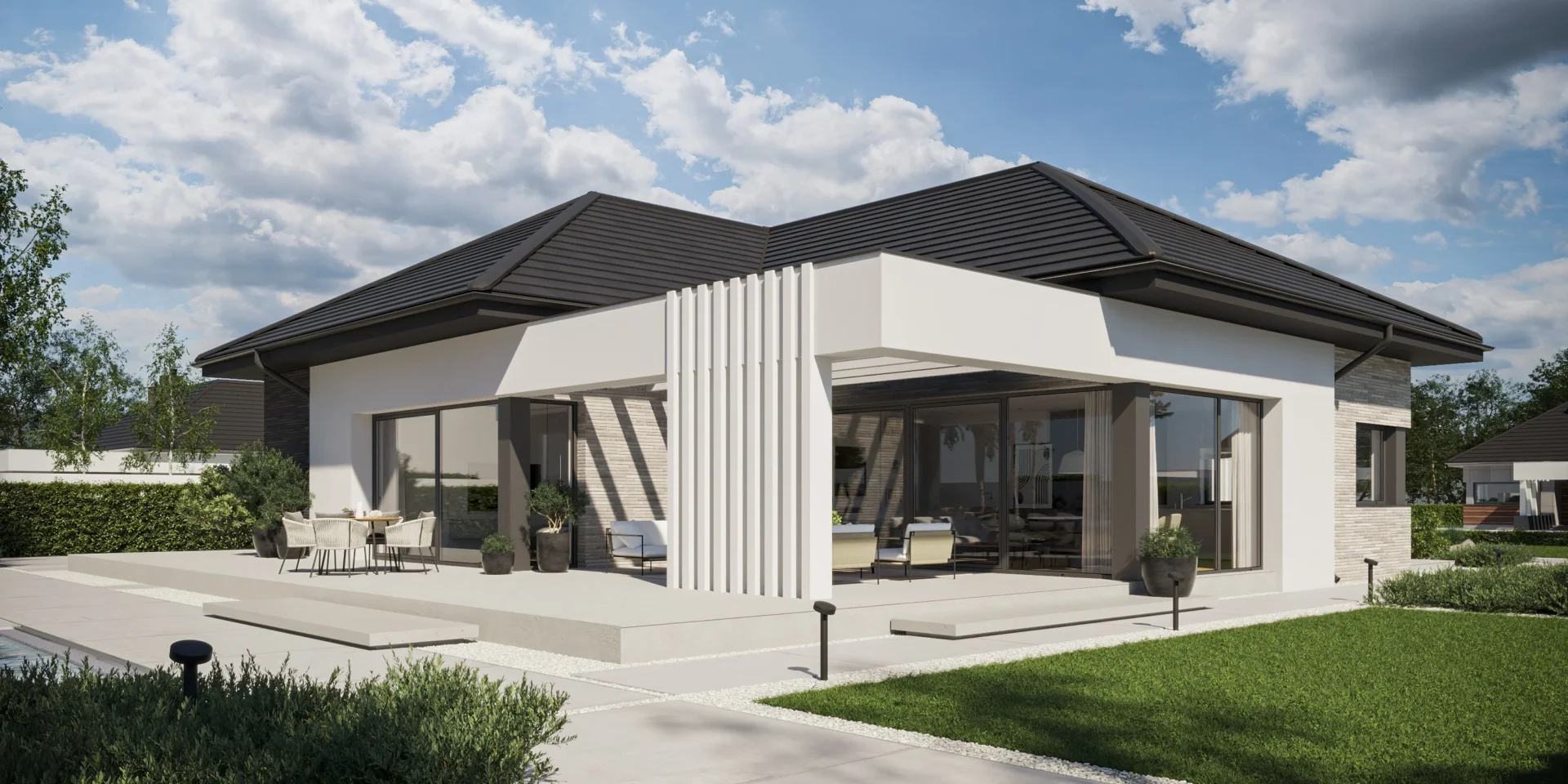 Gotowy projekt domu parterowego z dużą strefą dzienną i trzema sypialniami Modern House Brick House 101