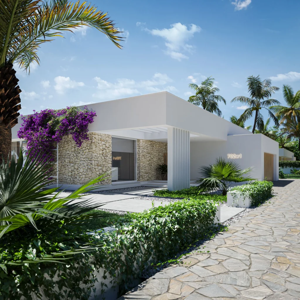 Nowoczesny projekt domu parterowego z ozdobnym belkowaniem i ażurami przed wejściem Modern House NewHouse 702 w1