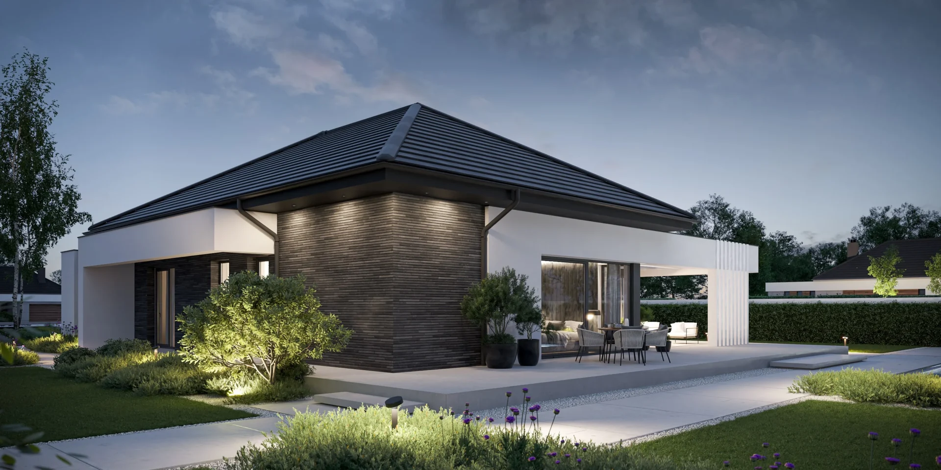 Nowoczesny projekt domu parterowego z ceglaną elewacją i białymi ramami Modern House BrickHouse 101