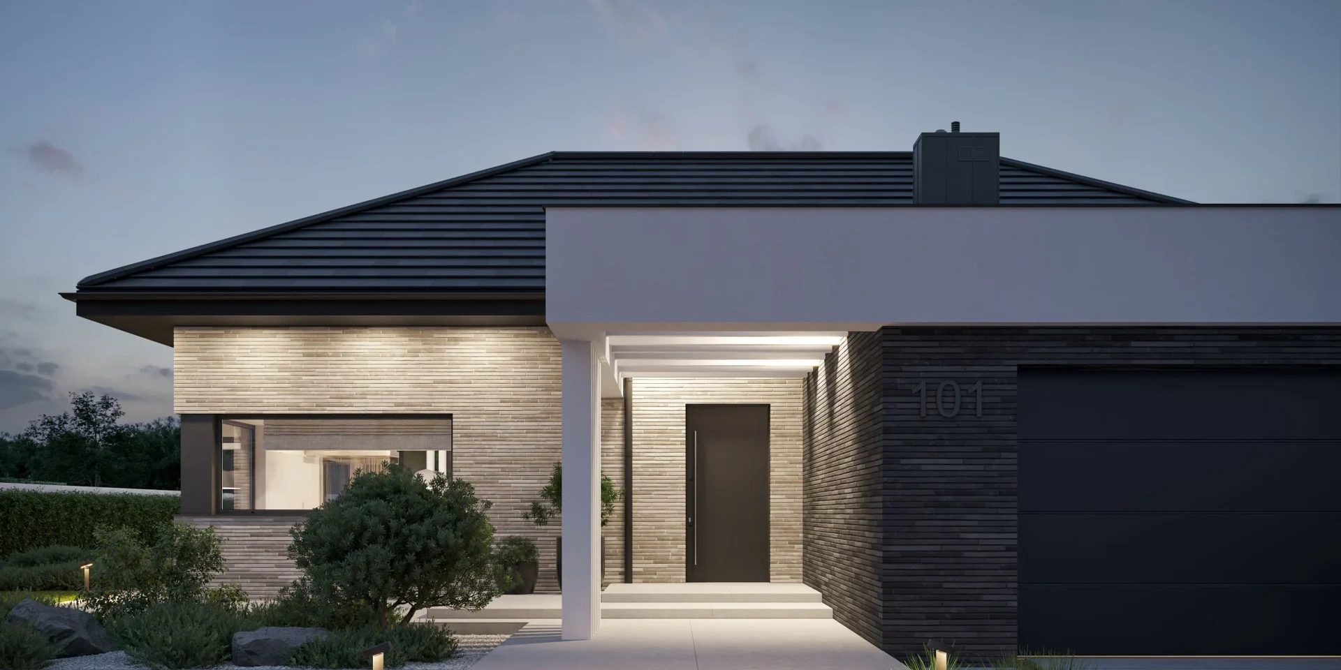 Gotowy projekt domu parterowego z dachem wielospadowym i z garażem dwustanowiskowym Modern House BrickHouse 101, architekt Jacek Niebieszczański