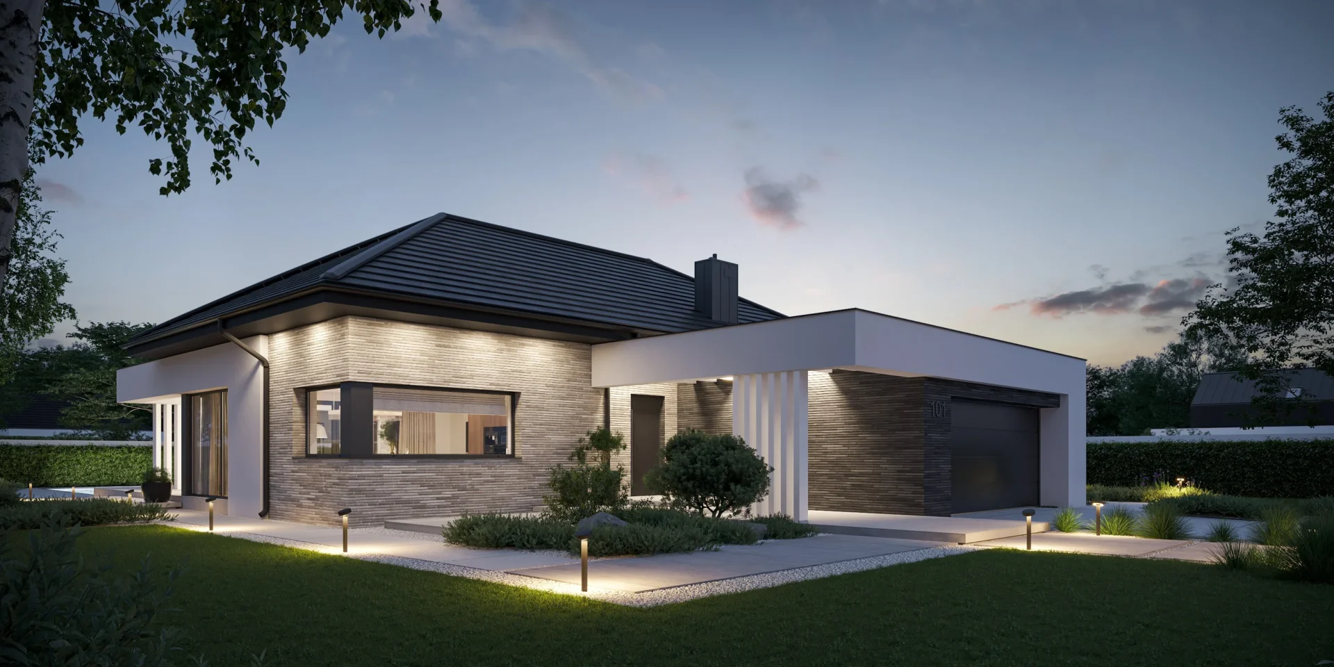 Typowy projekt domu parterowego z garażem i ceglaną elewacją Modern House BrickHouse 101, architekt Jacek Niebieszczański