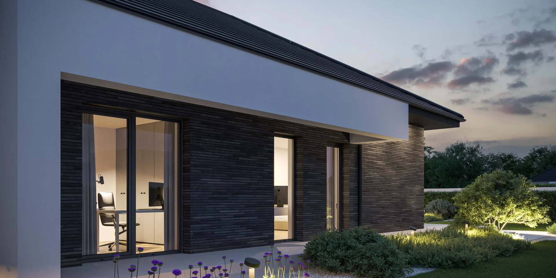 Nowoczesna elewacja z szarej cegły gotowy projekt domu parterowego Modern House BrickHouse 101, architekt Jacek Niebieszczański