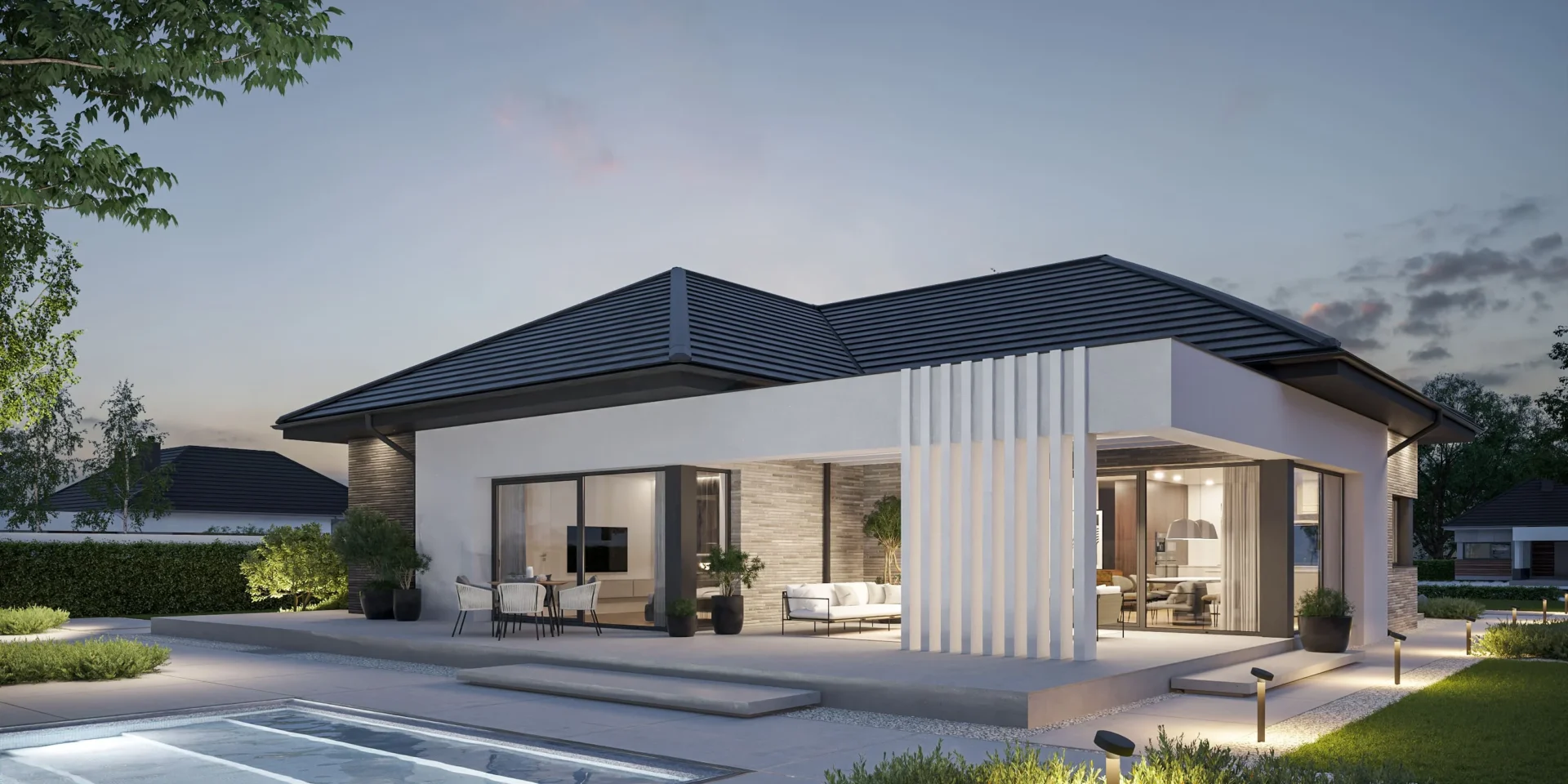 Modern House BrickHouse 101 parterowy projekt domu z ramą i ażurami wokół tarasu