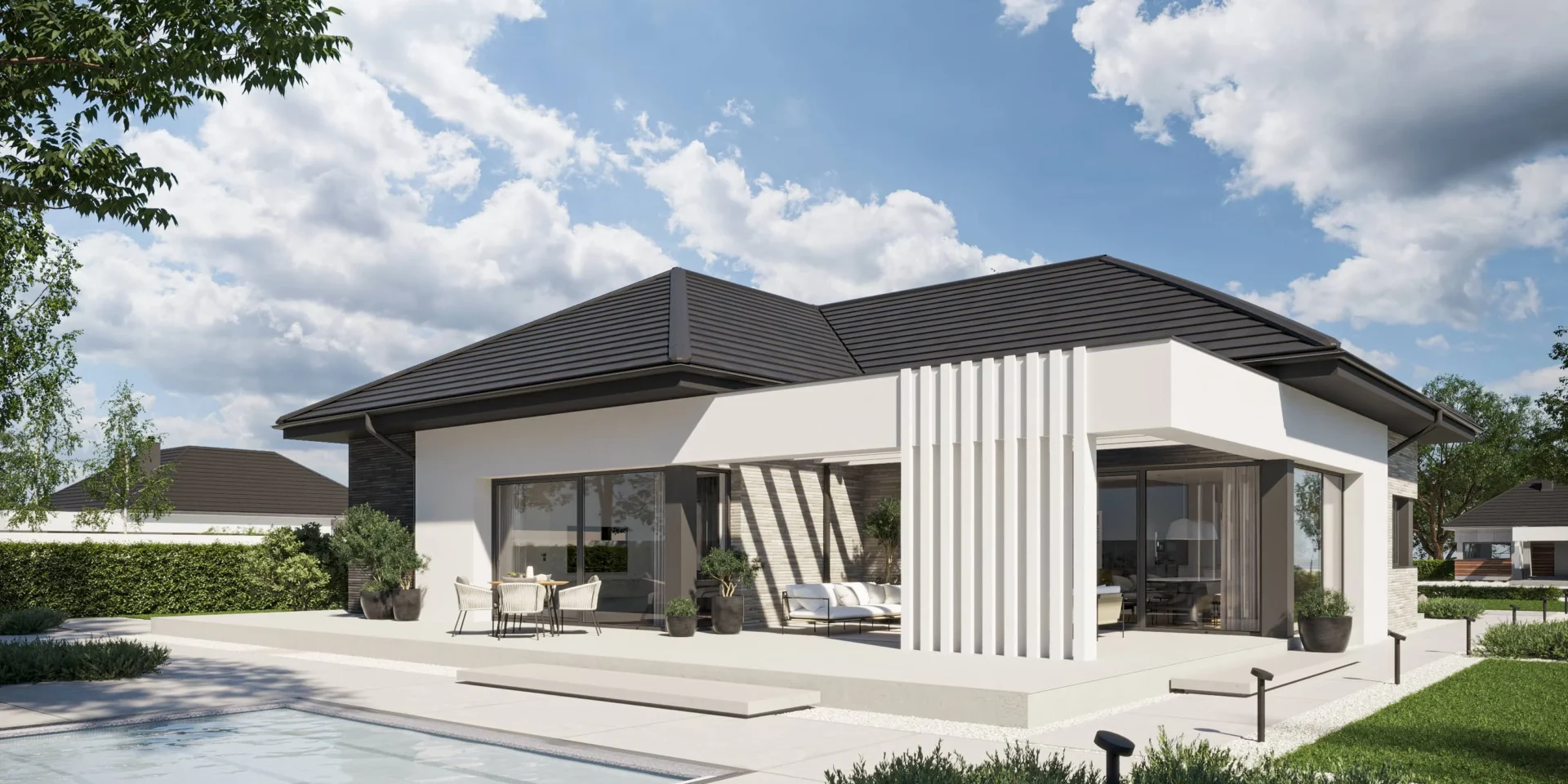 Projekt domu parterowego z tarasem ukrytym pod belkowaniem Modern House BrickHouse 101