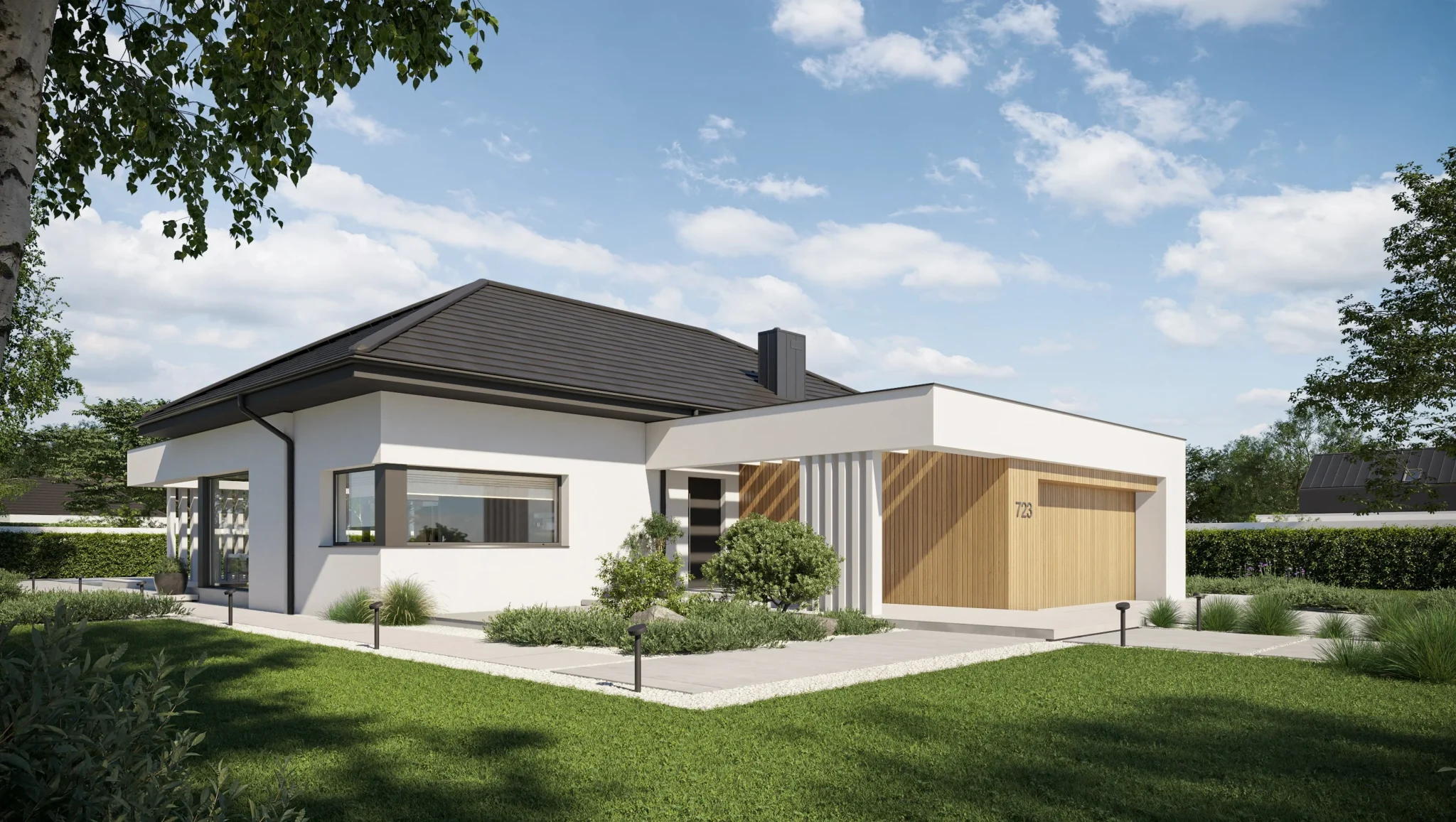 Projekt domu parterowego z 3 sypialniami, dużym salonem, garażem na 2 ...