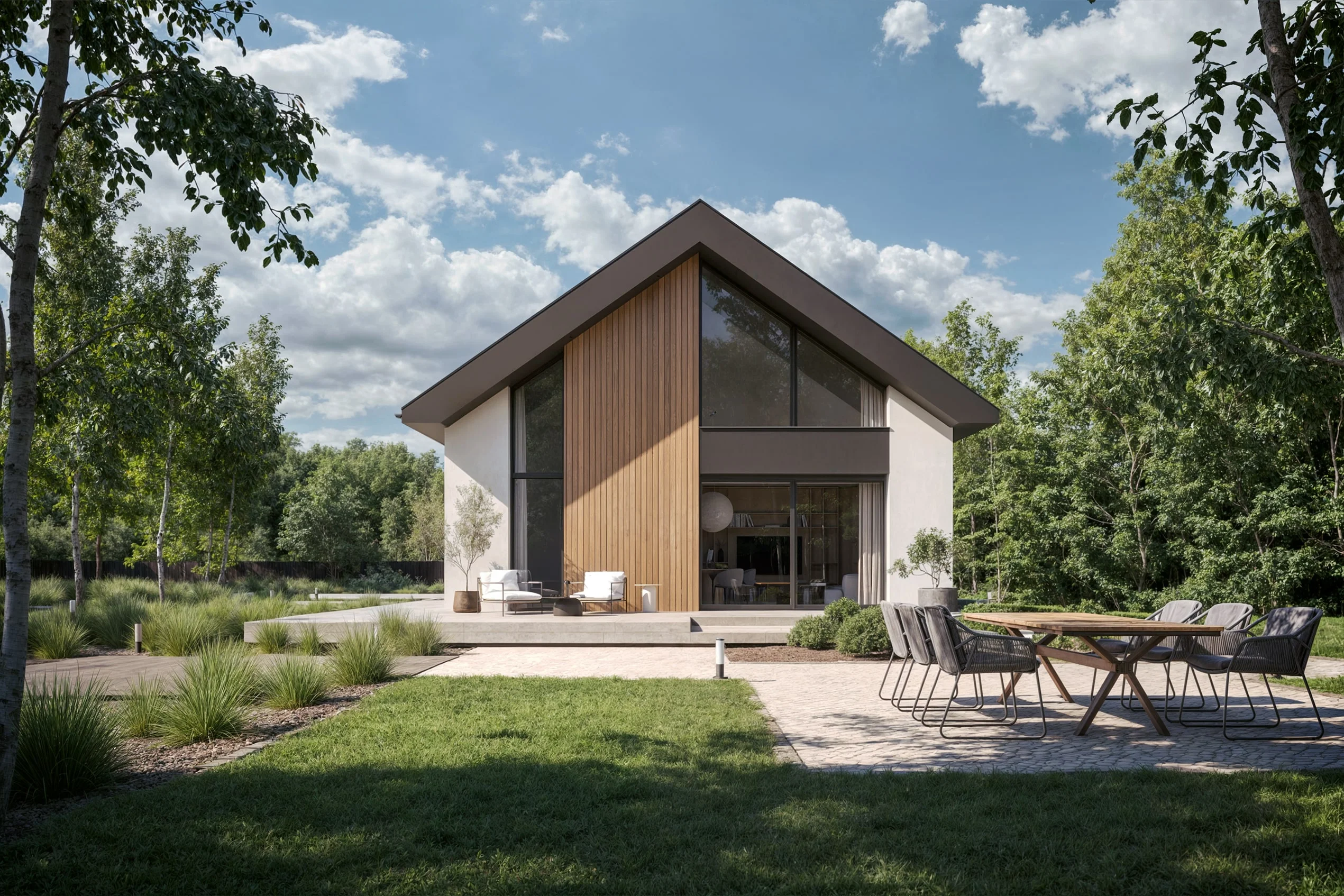 Projekt nowoczesnego domu z katedralnym sufitem w salonie, bez garażu Modern House NewHouse 732