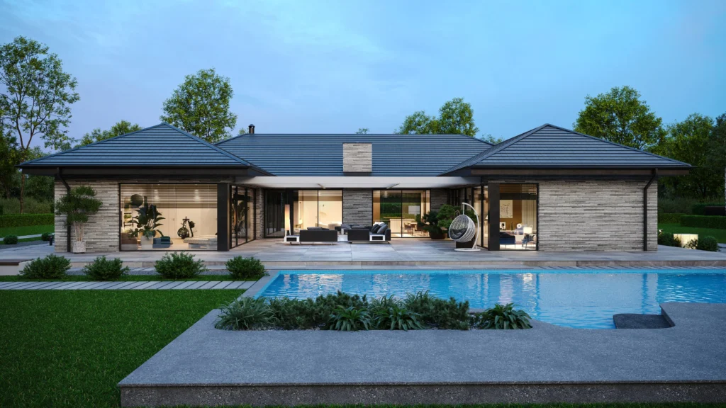 Parterowa willa w kształcie litery U projekt domu parterowego ponad 300 m2 Modern House Brick House 118