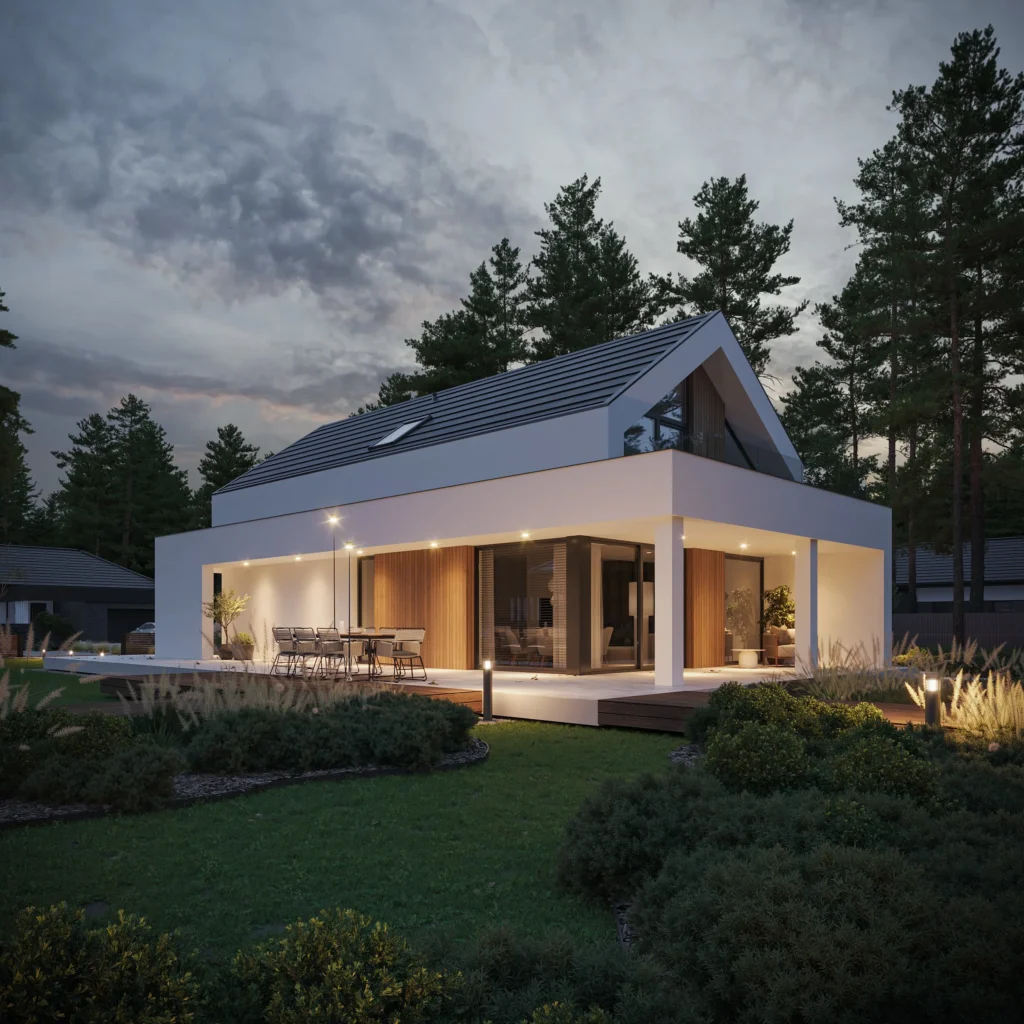 Bezokapowy dom z dwuspadowym dachem i nowoczesną elewacją NewHouse 755