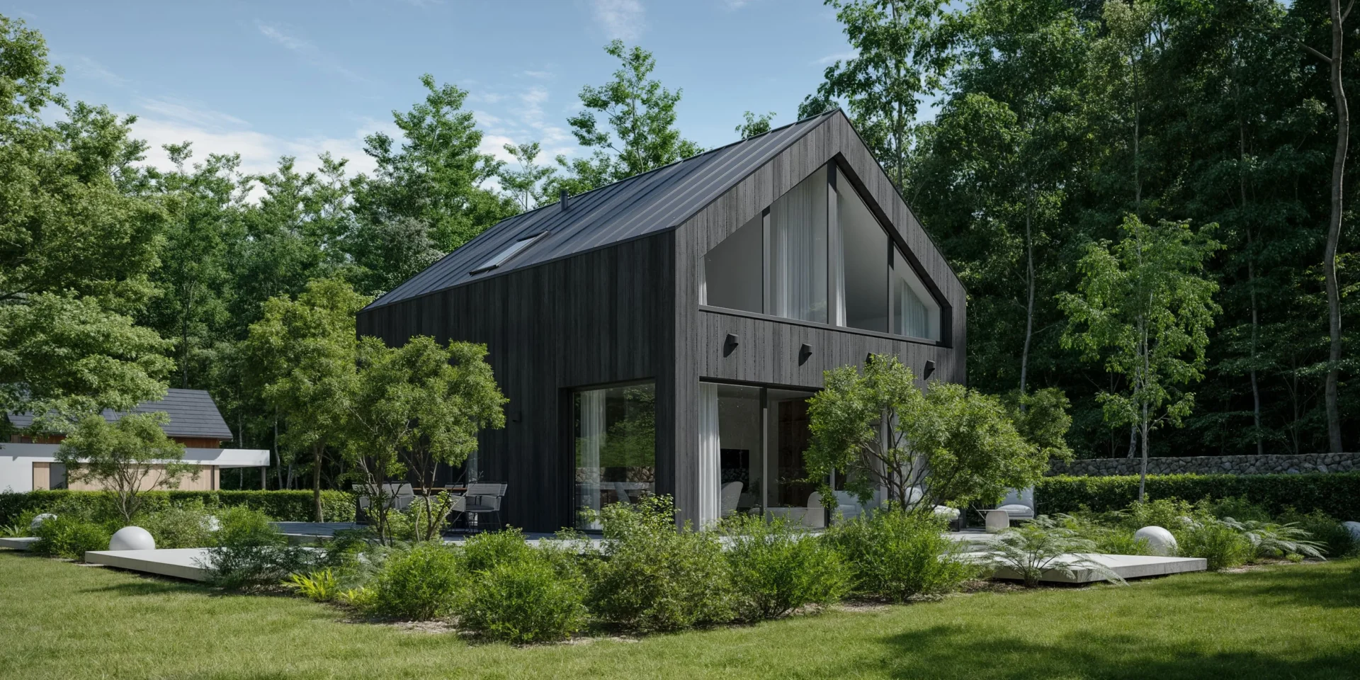 Dom z poddaszem użytkowym Modern House NewHouse 751 z elewacją z deski palonej i dużymi przeszkleniami od frontu i ogrodu