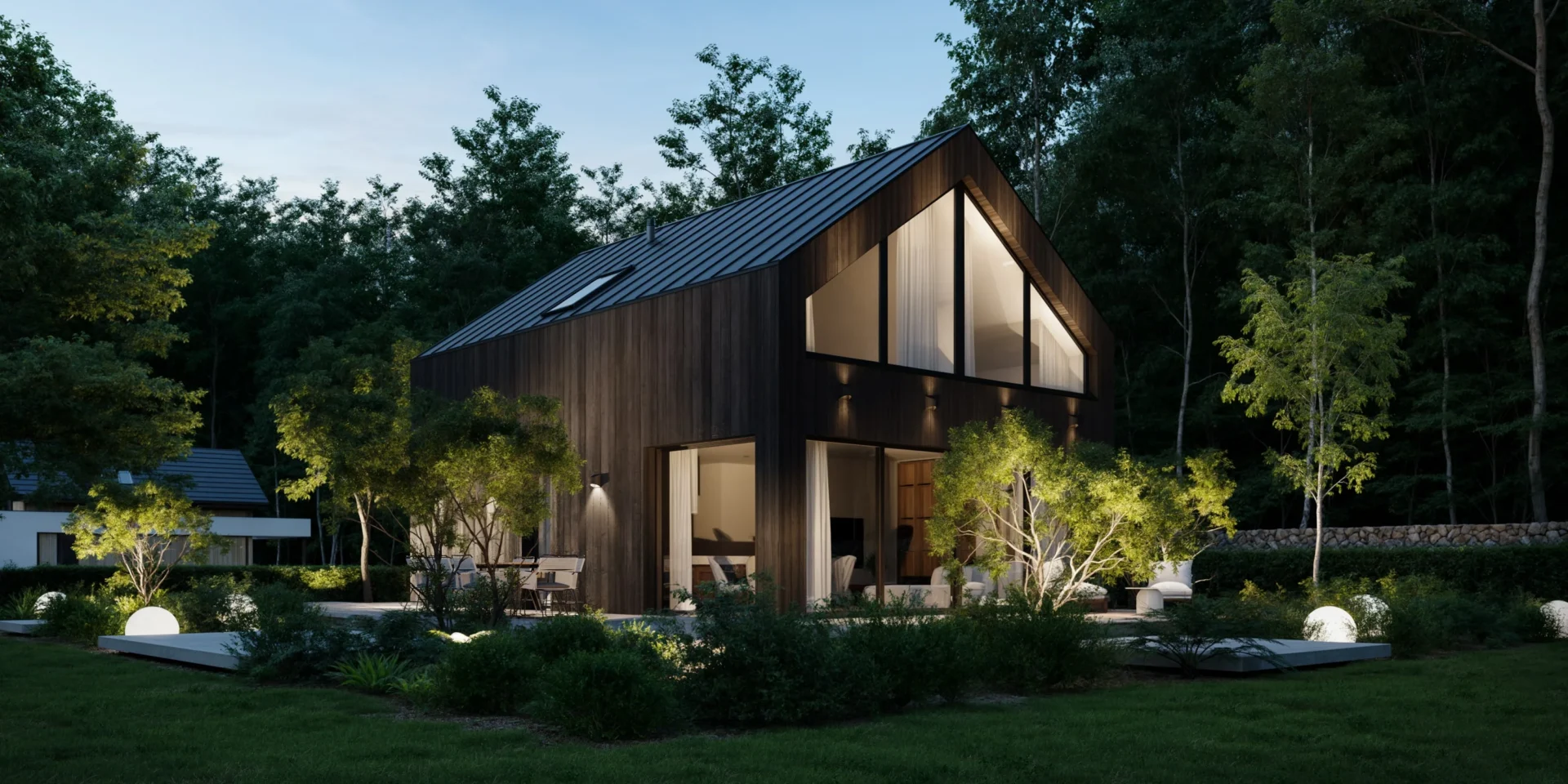 Dom stodoła z poddaszem użytkowym, przeszkloną ścianą ogrodową projekt domu Modern House NewHouse 751