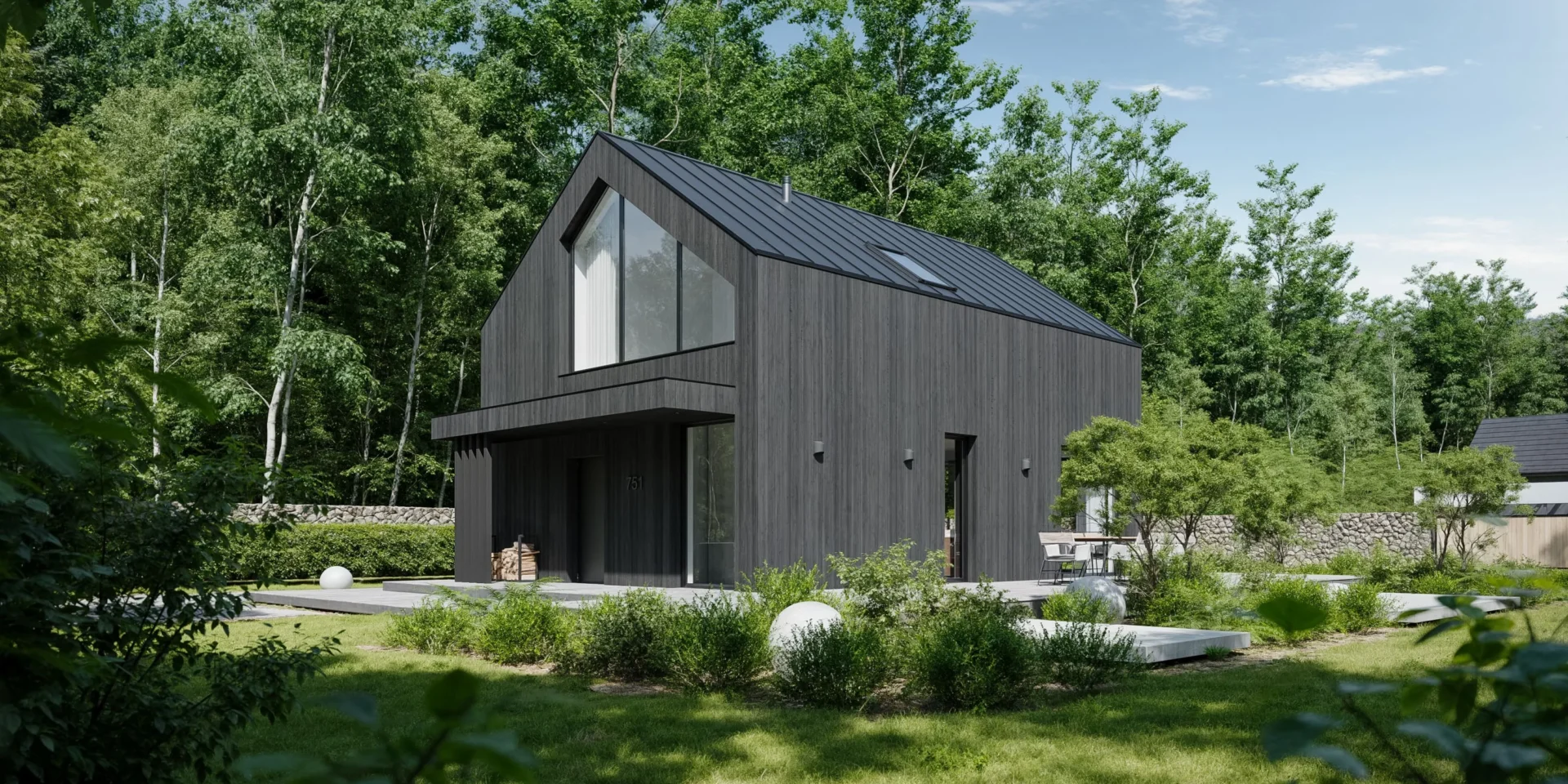 Nowoczesny dom typu stodoła projekt domu z poddaszem NewHouse 751 z elewacją w desce palonej, dach bezokapowy i brak garażu