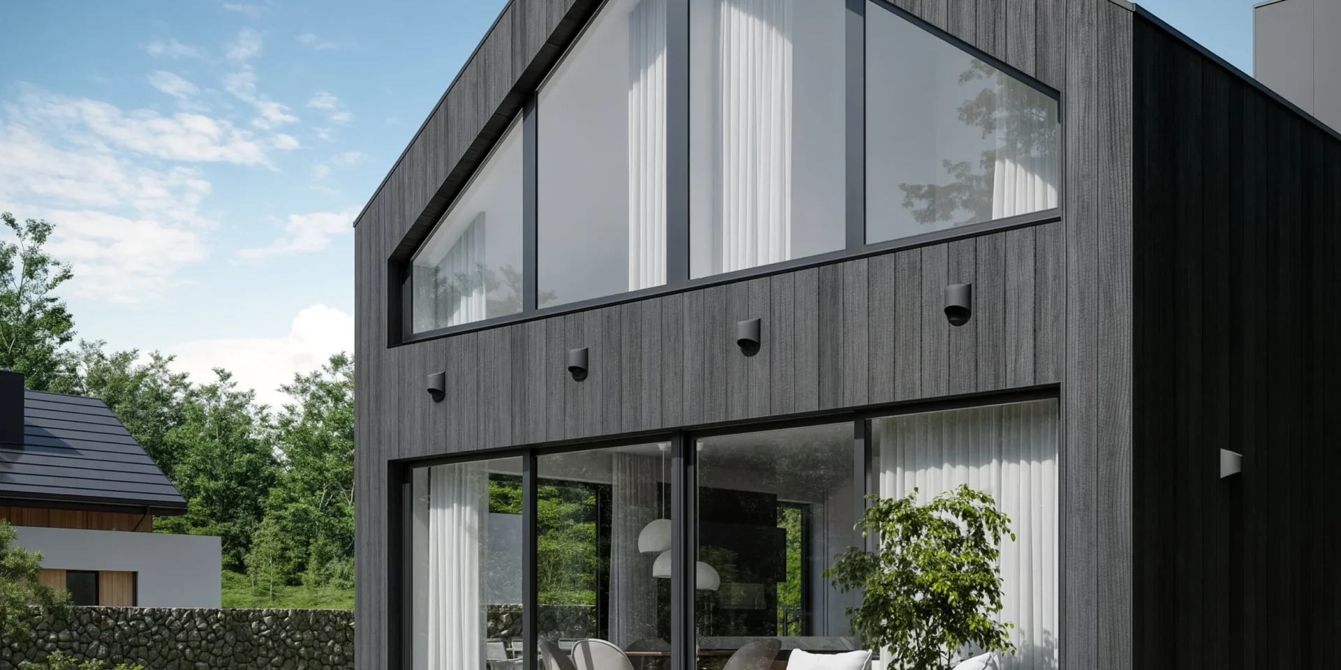 Nowoczesna stodoła projekt NewHouse 751 bez garażu z dużymi przeszkleniami i dachem bezokapowym