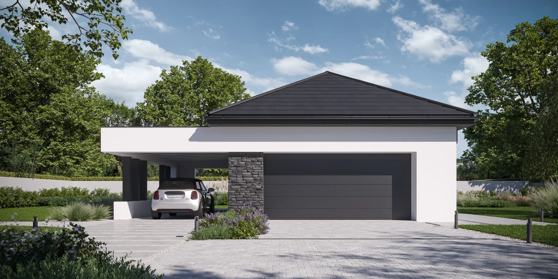 Nowoczesny projekt wolnostojącego garażu na dwa auta z wiatą na auto i pomieszczeniem gospodarczym Modern House Garage 02